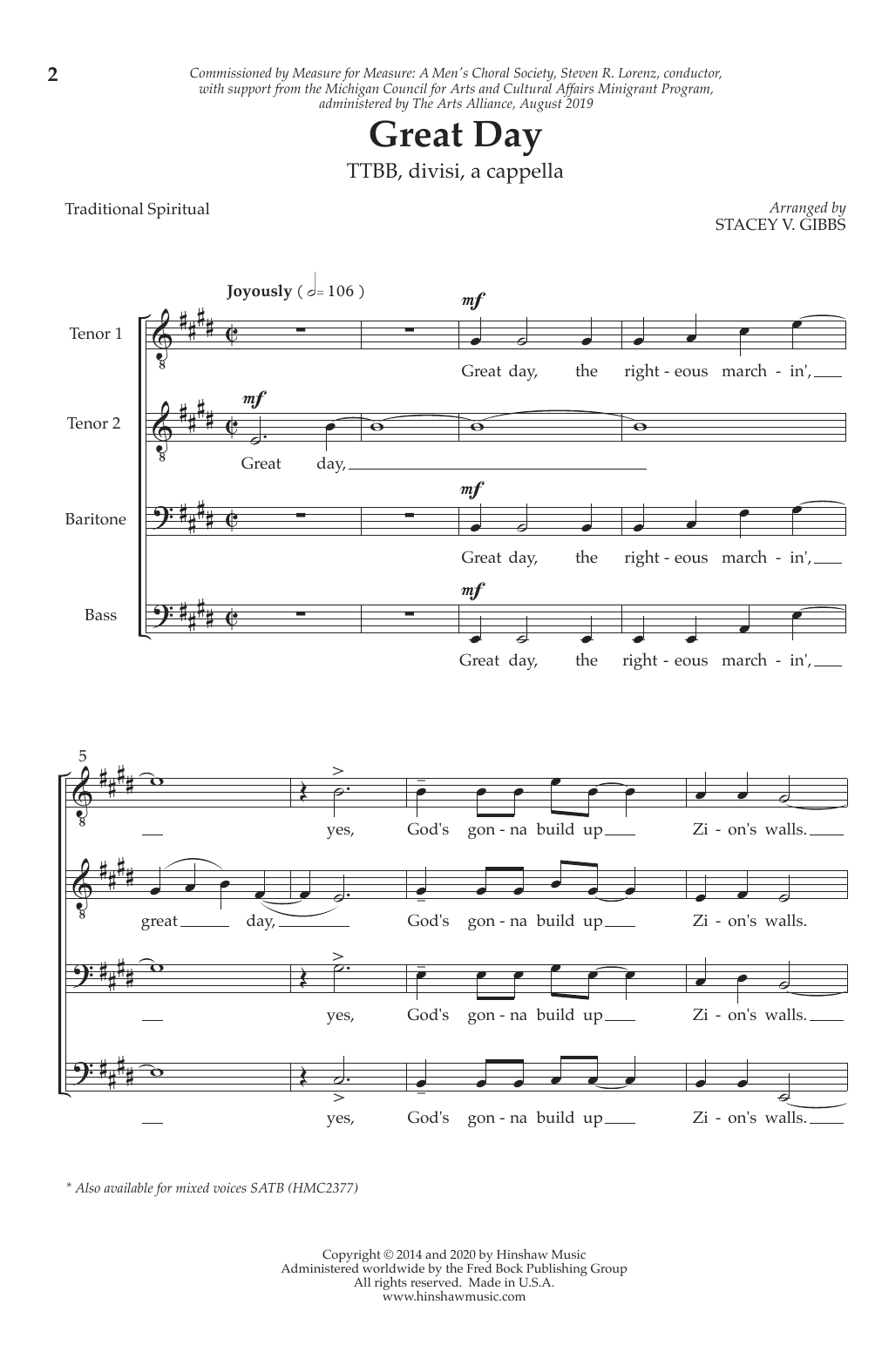 Download Stacey Gibbs Great Day! Sheet Music and learn how to play TTBB Choir PDF digital score in minutes