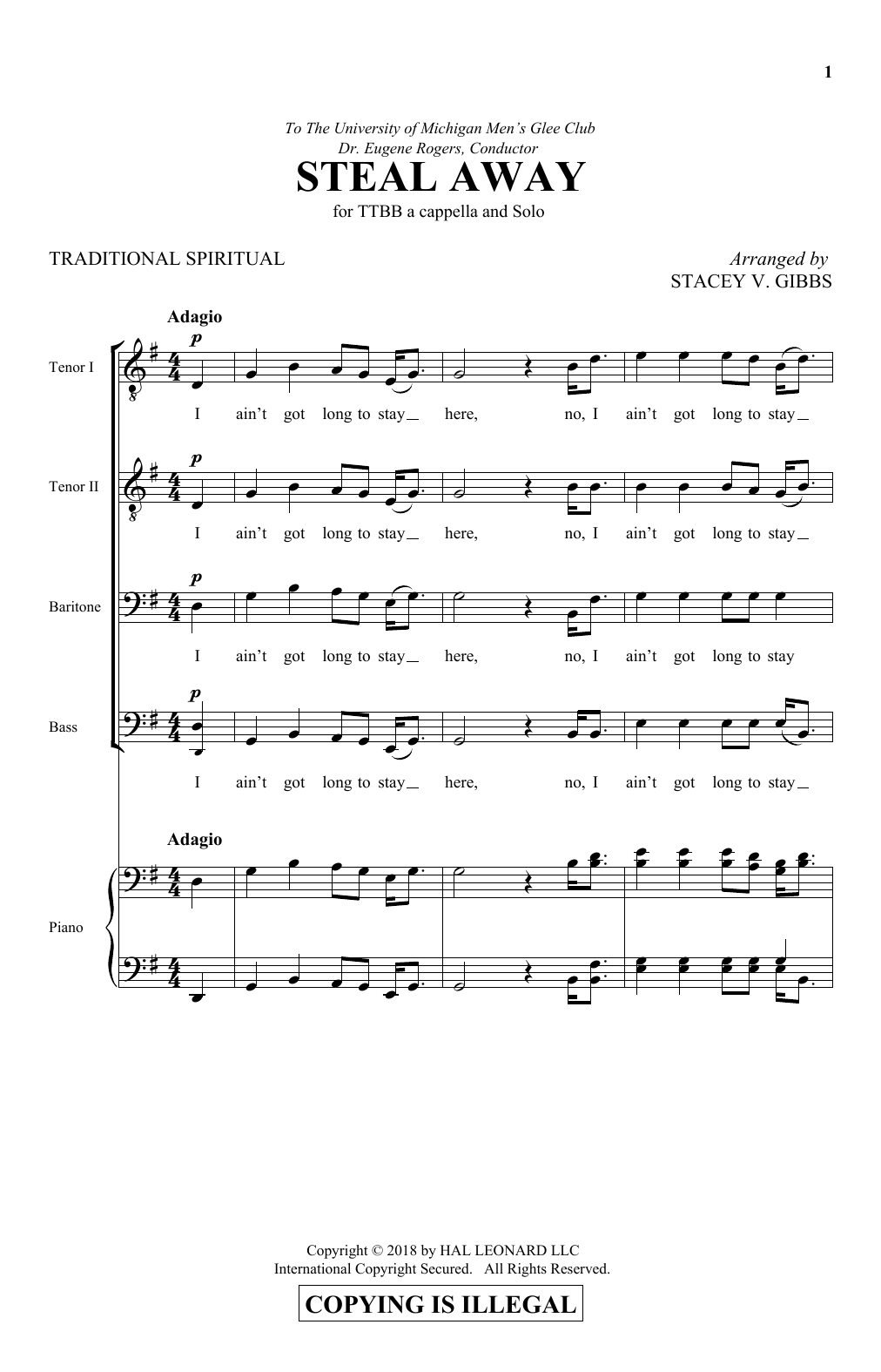 Download Stacey Gibbs Steal Away Sheet Music and learn how to play TTBB Choir PDF digital score in minutes