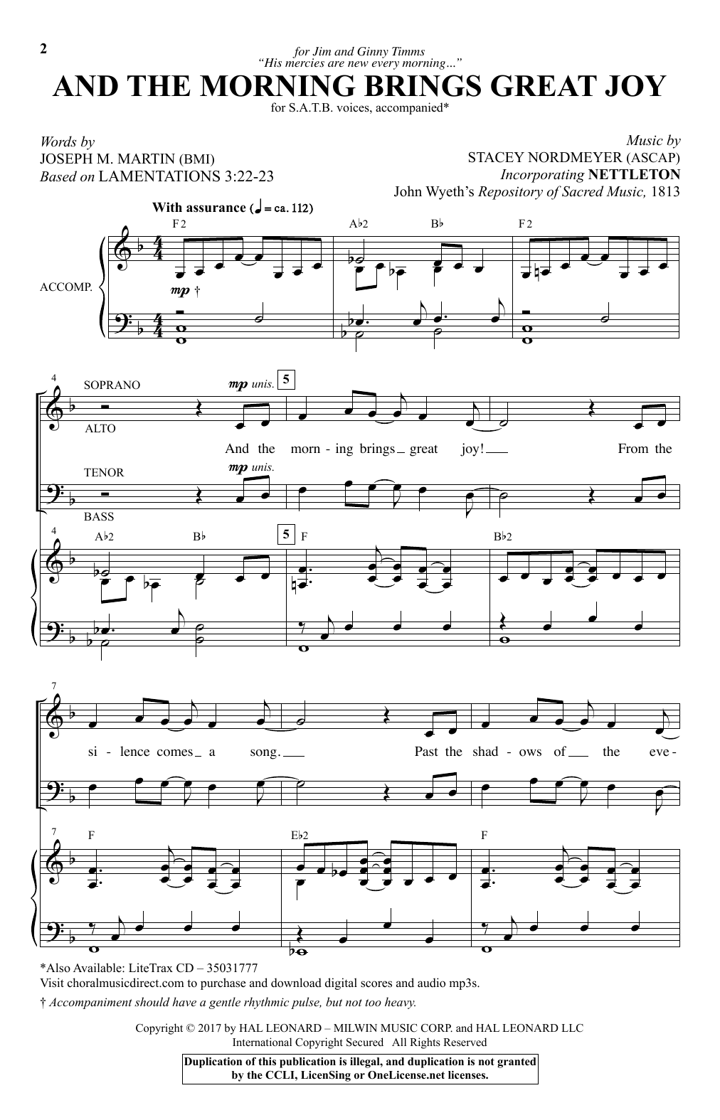 Download Stacey Nordmeyer And The Morning Brings Great Joy Sheet Music and learn how to play SATB PDF digital score in minutes