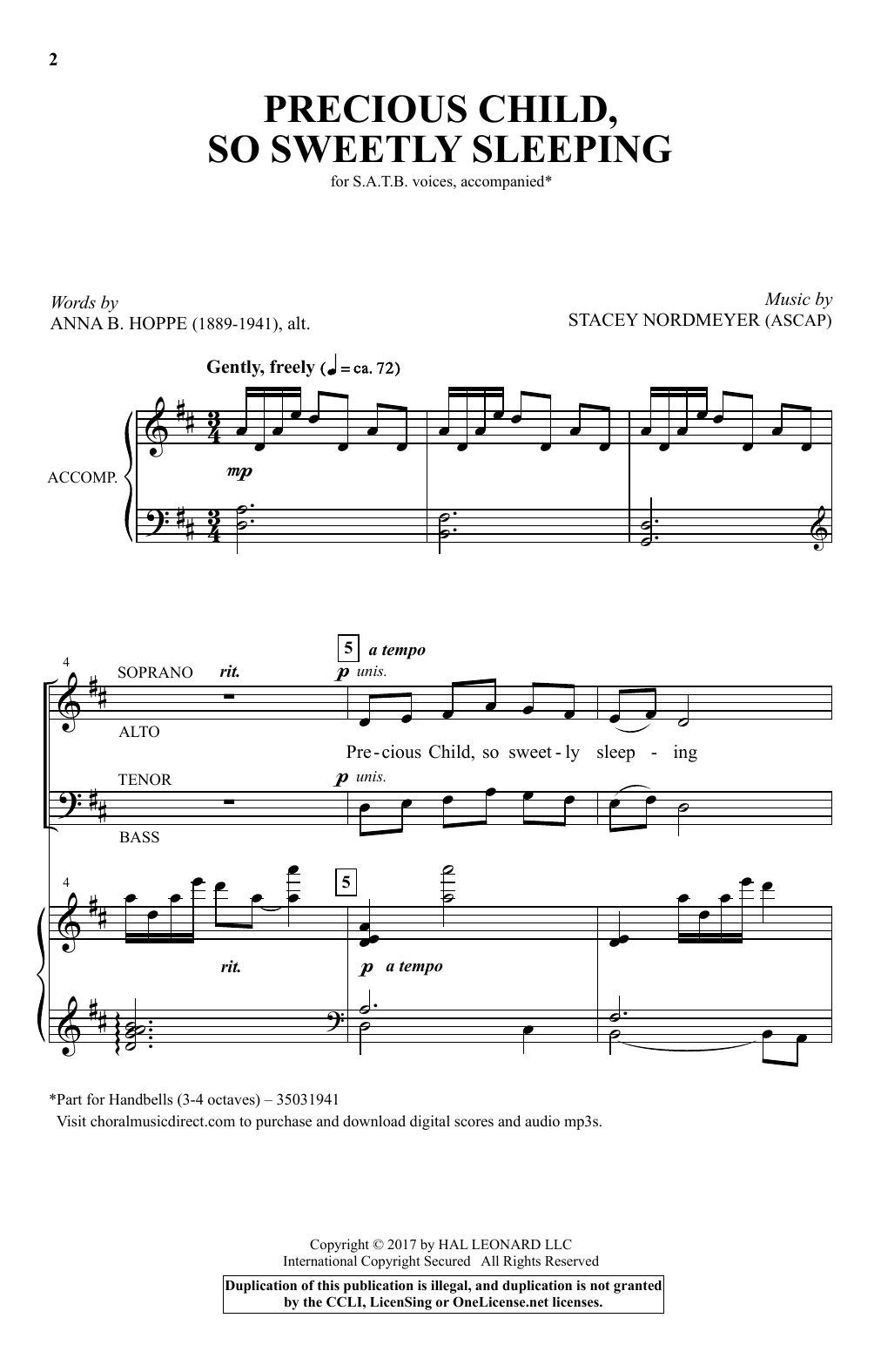 Download Stacey Nordmeyer Precious Child, So Sweetly Sleeping Sheet Music and learn how to play SATB PDF digital score in minutes
