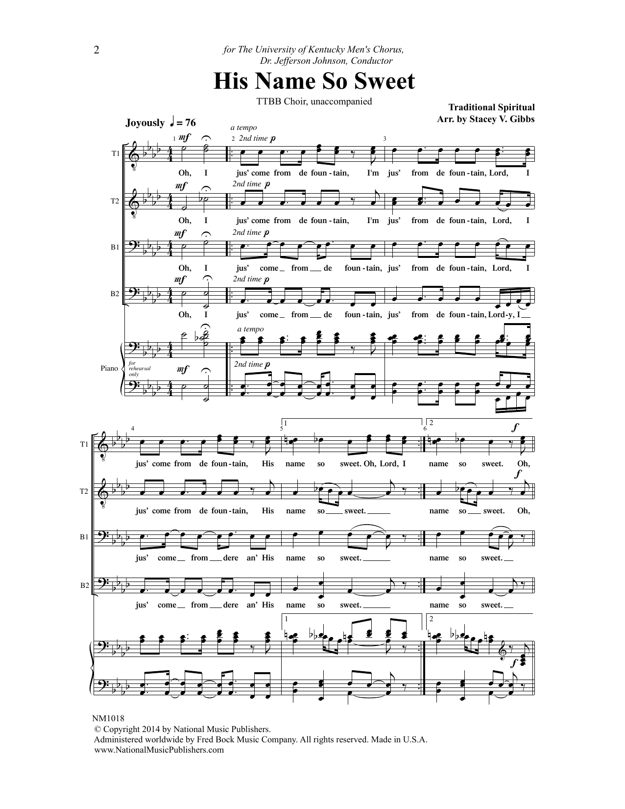 Download Stacey V. Gibbs His Name So Sweet Sheet Music and learn how to play TTBB Choir PDF digital score in minutes