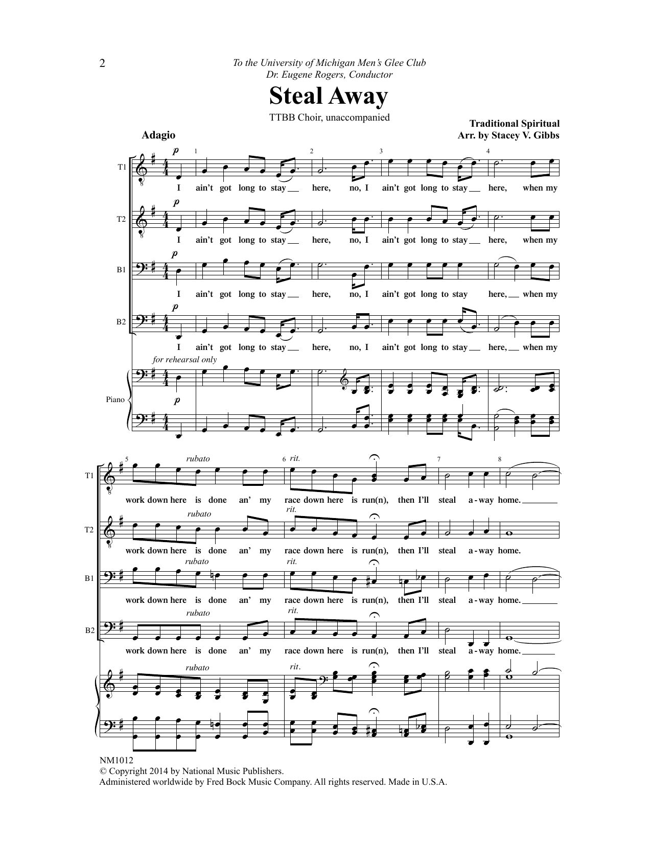 Download Stacey V. Gibbs Steal Away Sheet Music and learn how to play TTBB Choir PDF digital score in minutes