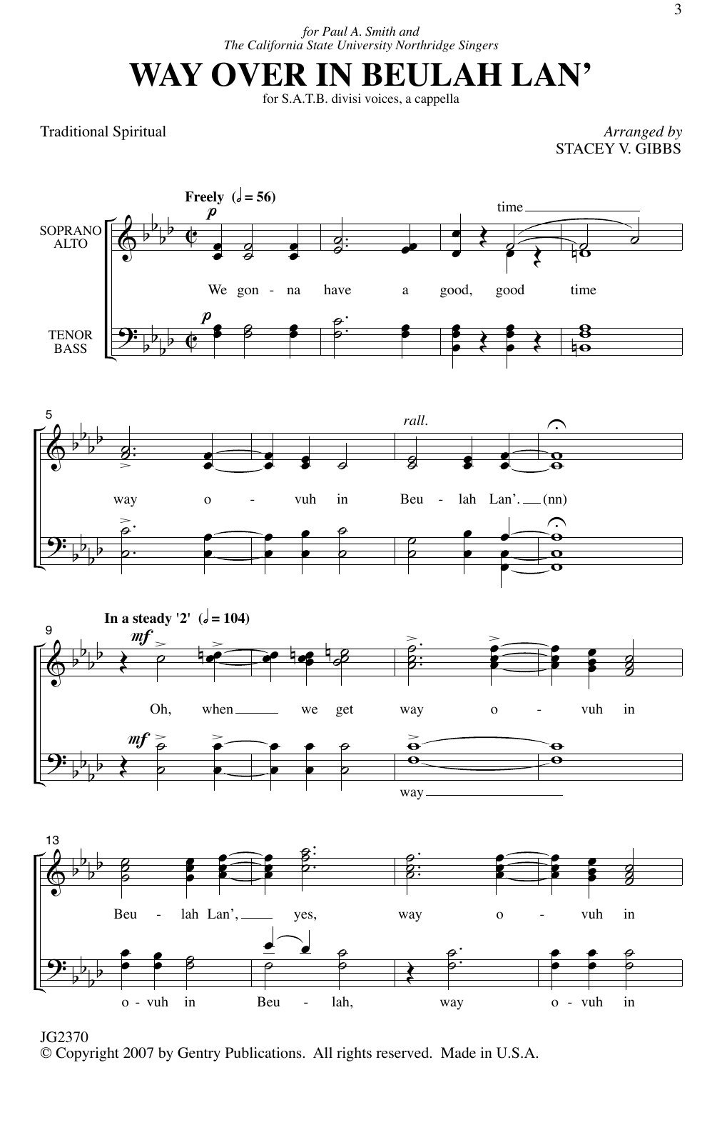 Download Stacey V. Gibbs Way Over In Beulah Lan' Sheet Music and learn how to play Choir PDF digital score in minutes