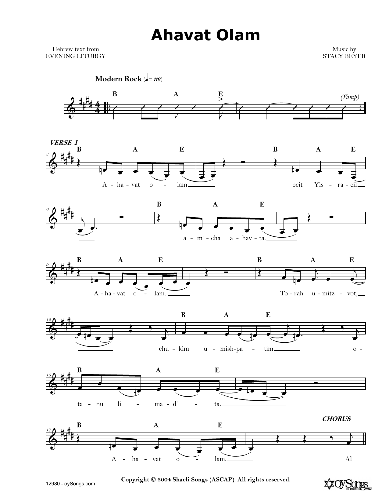 Download Stacy Beyer Ahavat Olam Sheet Music and learn how to play Real Book – Melody, Lyrics & Chords PDF digital score in minutes