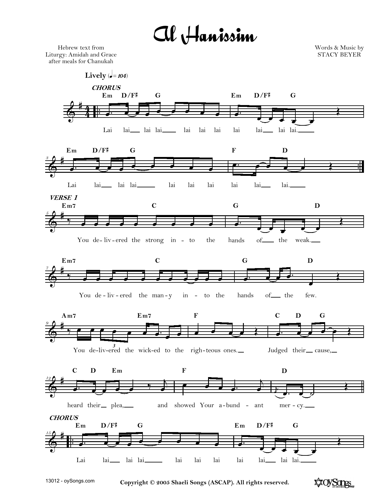 Download Stacy Beyer Al Hanissim Sheet Music and learn how to play Real Book – Melody, Lyrics & Chords PDF digital score in minutes