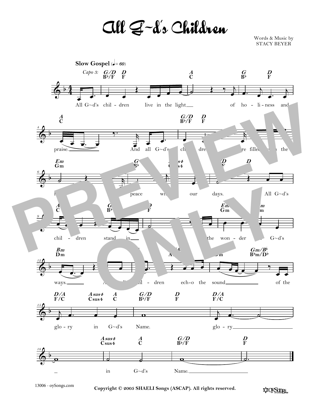 Download Stacy Beyer All God's Children Sheet Music and learn how to play Real Book – Melody, Lyrics & Chords PDF digital score in minutes