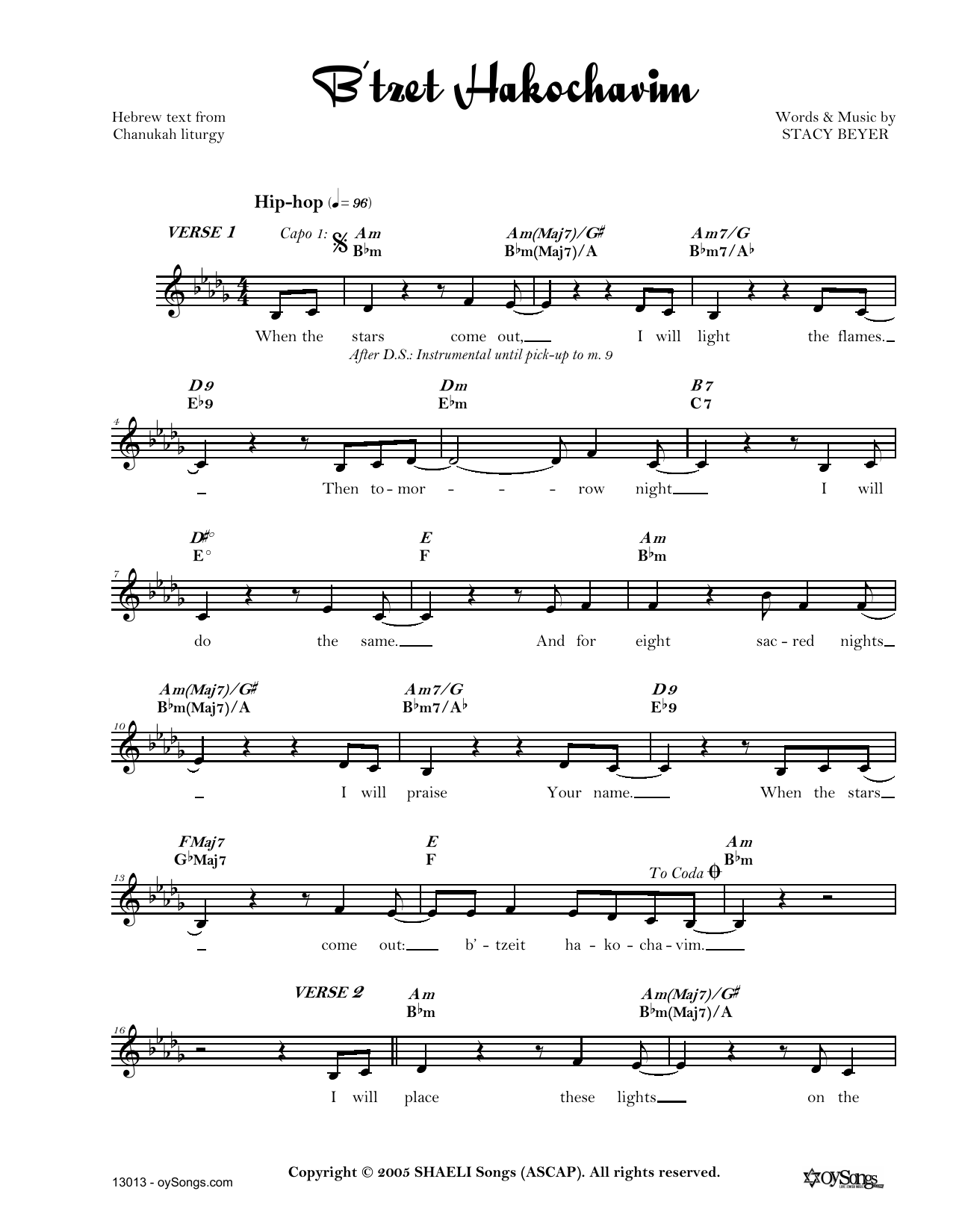 Download Stacy Beyer B'tzet Hakochavim Sheet Music and learn how to play Real Book – Melody, Lyrics & Chords PDF digital score in minutes