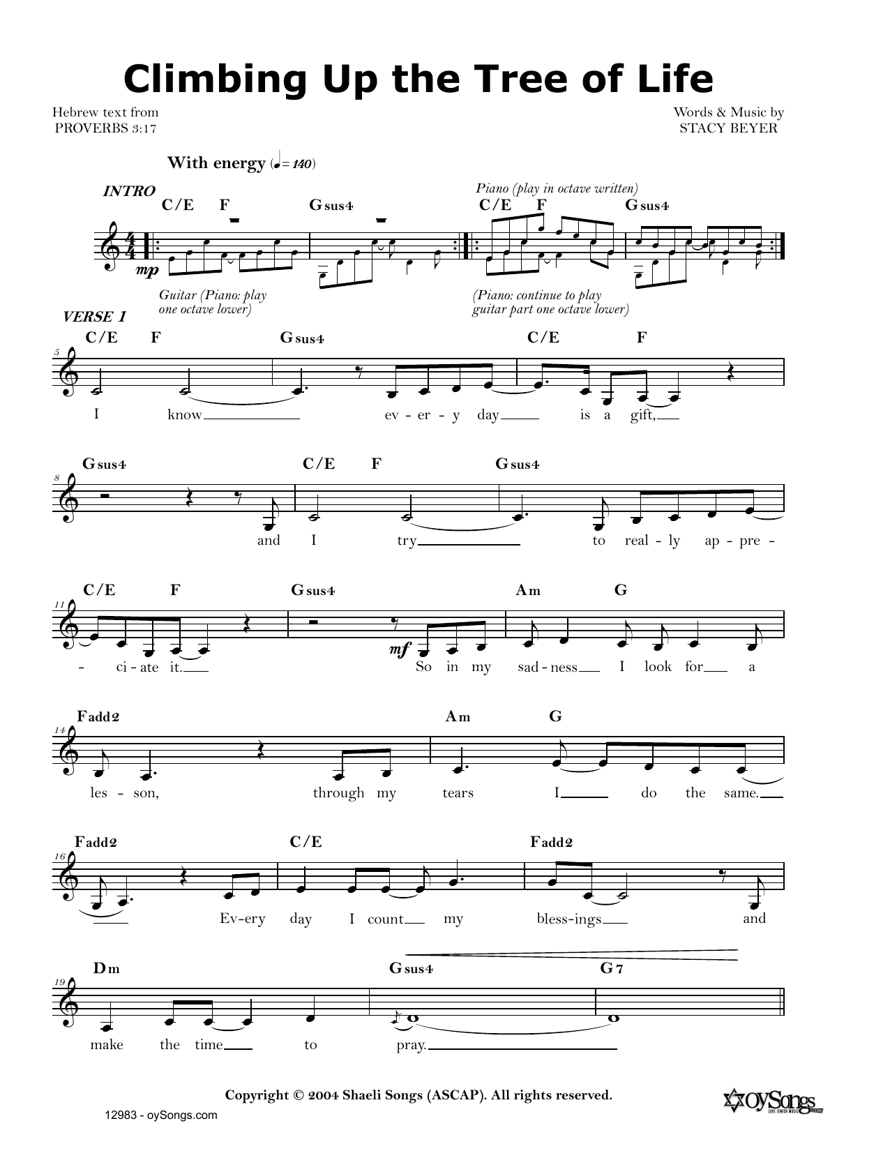 Download Stacy Beyer Climbing Up the Tree of Life Sheet Music and learn how to play Real Book – Melody, Lyrics & Chords PDF digital score in minutes