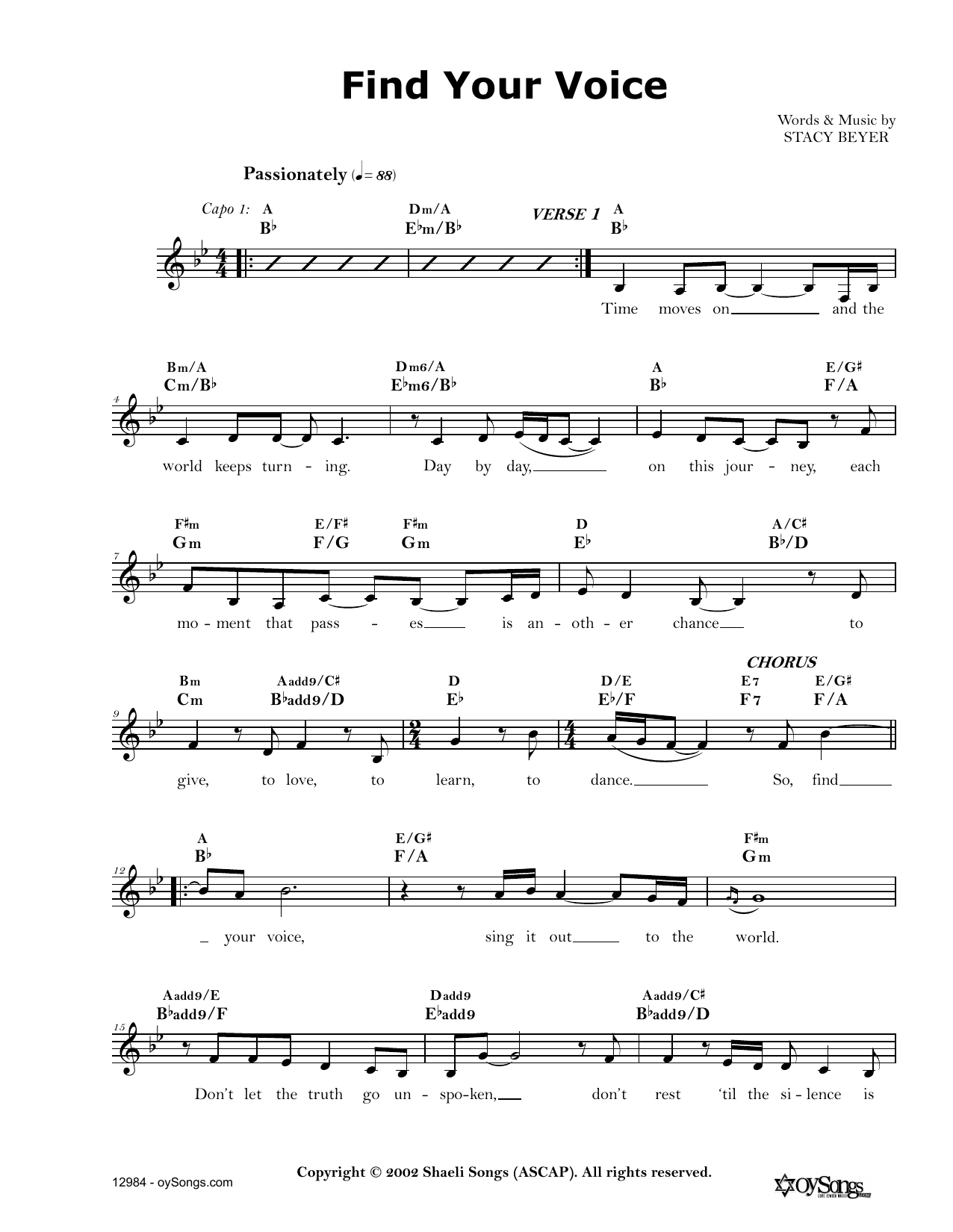 Download Stacy Beyer Find Your Voice Sheet Music and learn how to play Real Book – Melody, Lyrics & Chords PDF digital score in minutes
