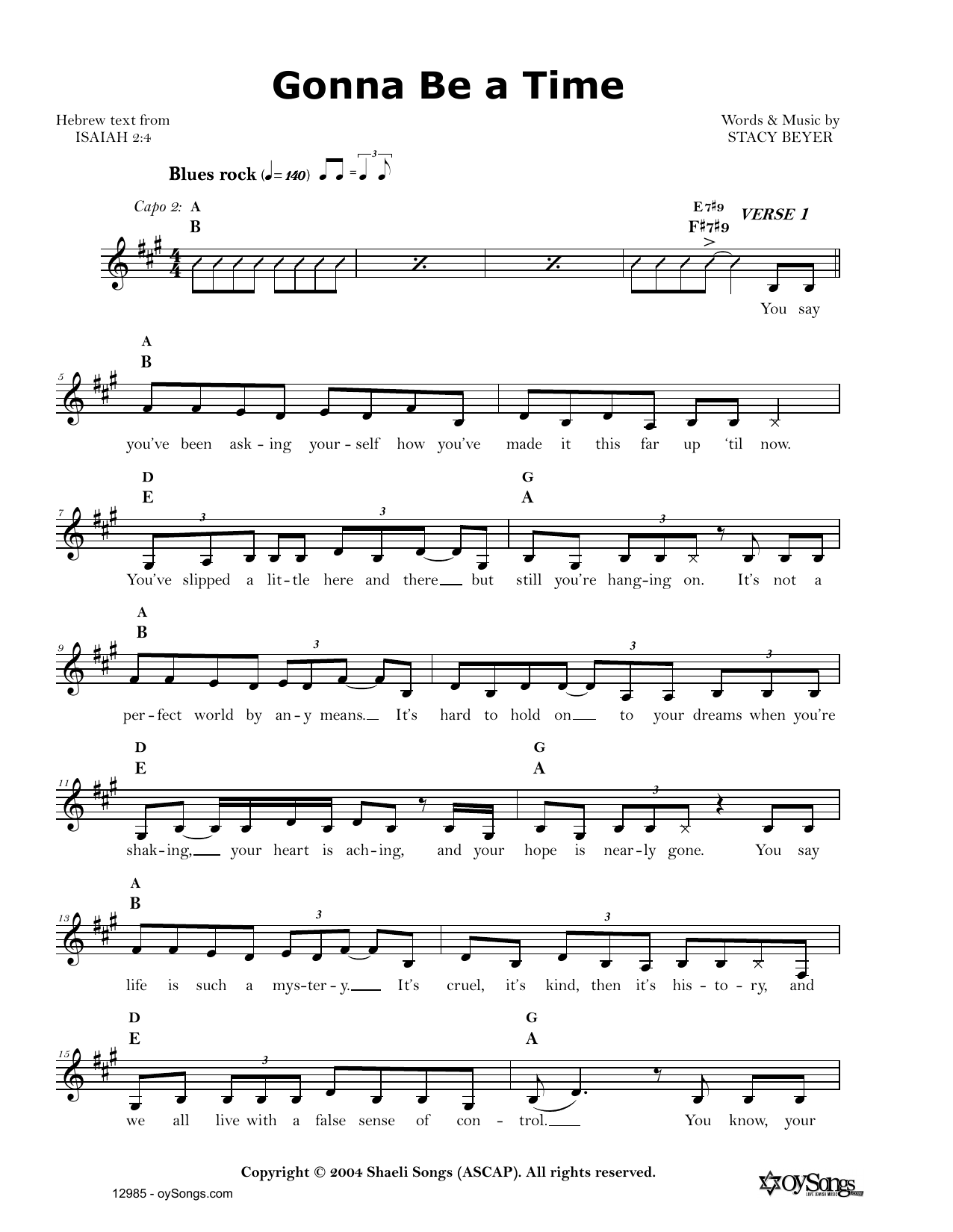 Download Stacy Beyer Gonna Be a Time Sheet Music and learn how to play Real Book – Melody, Lyrics & Chords PDF digital score in minutes