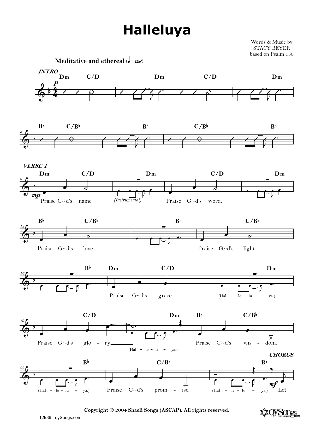 Download Stacy Beyer Halleluyah Sheet Music and learn how to play Real Book – Melody, Lyrics & Chords PDF digital score in minutes