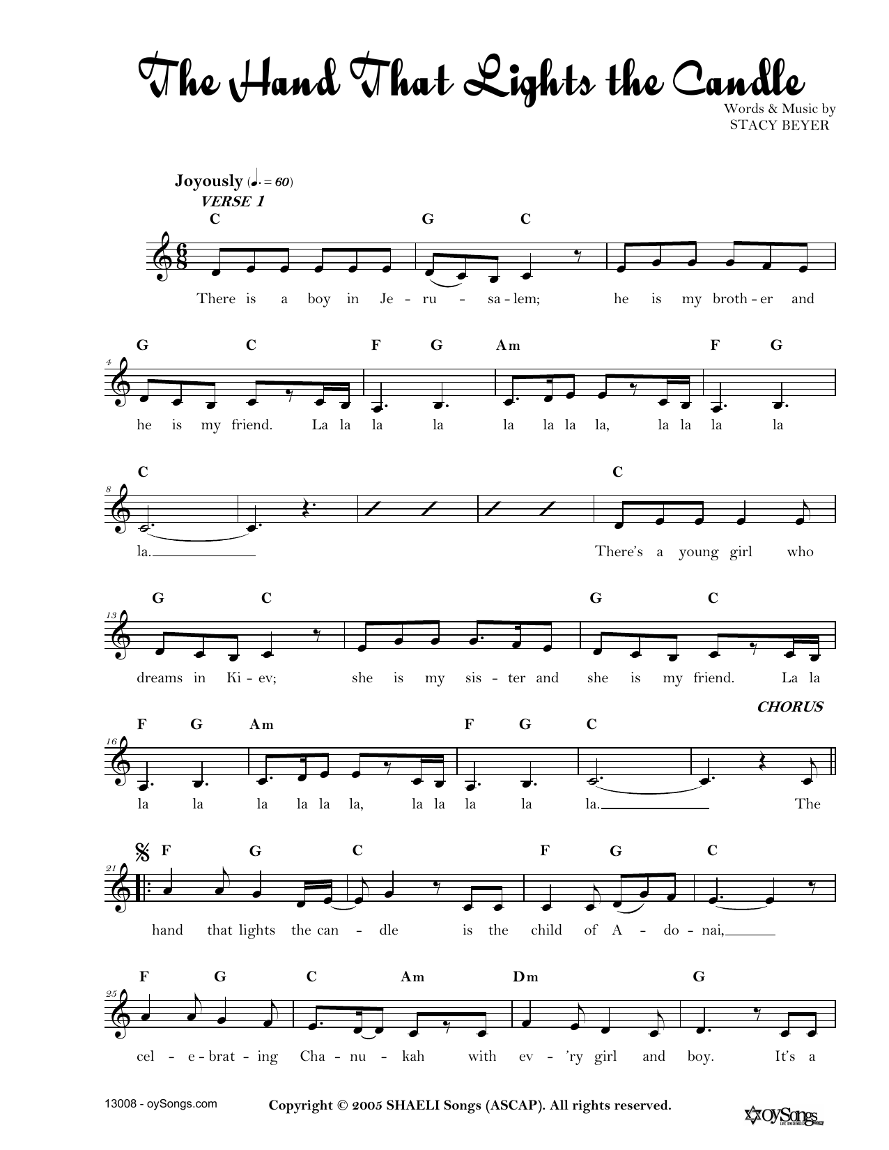 Download Stacy Beyer Hand That Lights the Candle Sheet Music and learn how to play Real Book – Melody, Lyrics & Chords PDF digital score in minutes