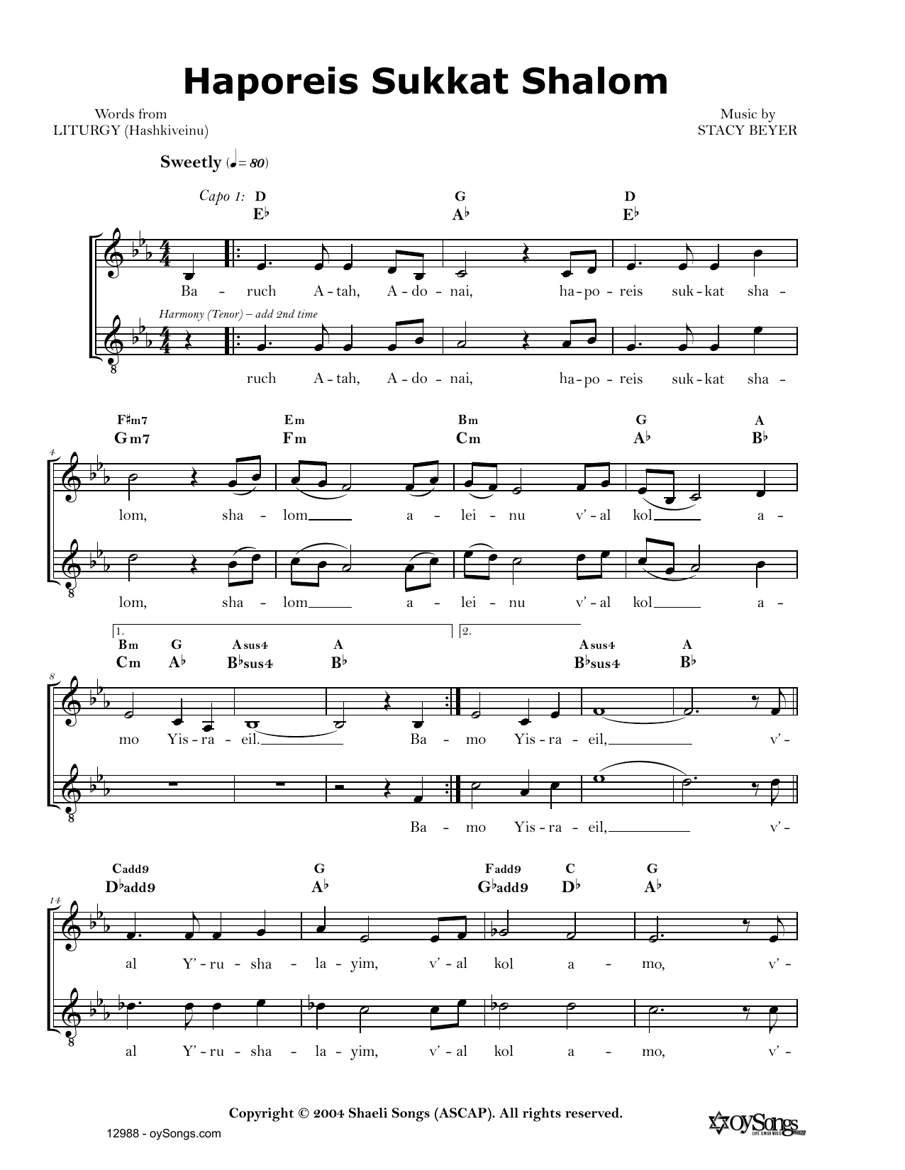 Download Stacy Beyer Haporeis Sukat Shalom Sheet Music and learn how to play Real Book – Melody, Lyrics & Chords PDF digital score in minutes