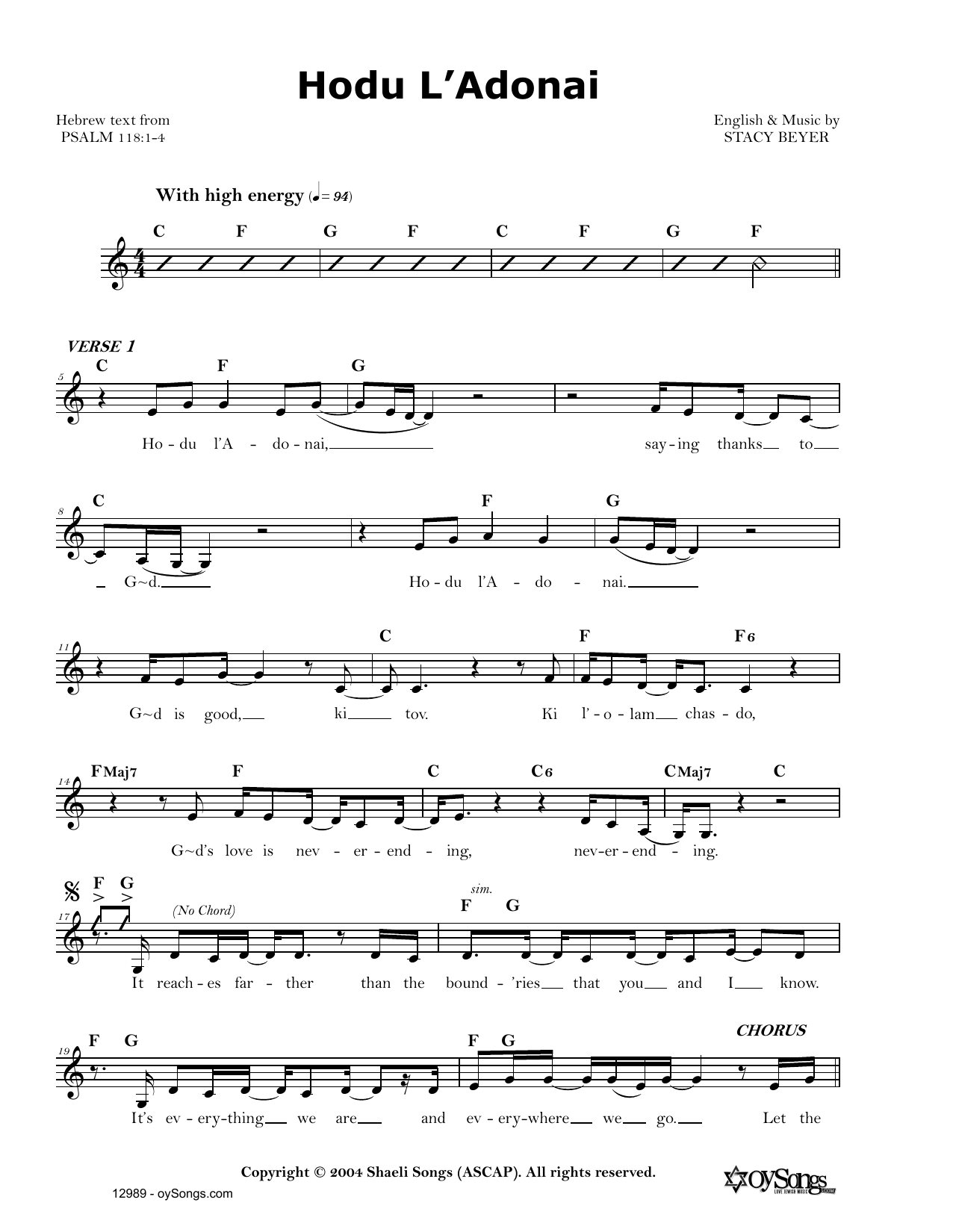 Download Stacy Beyer Hodu L'Adonai Sheet Music and learn how to play Real Book – Melody, Lyrics & Chords PDF digital score in minutes