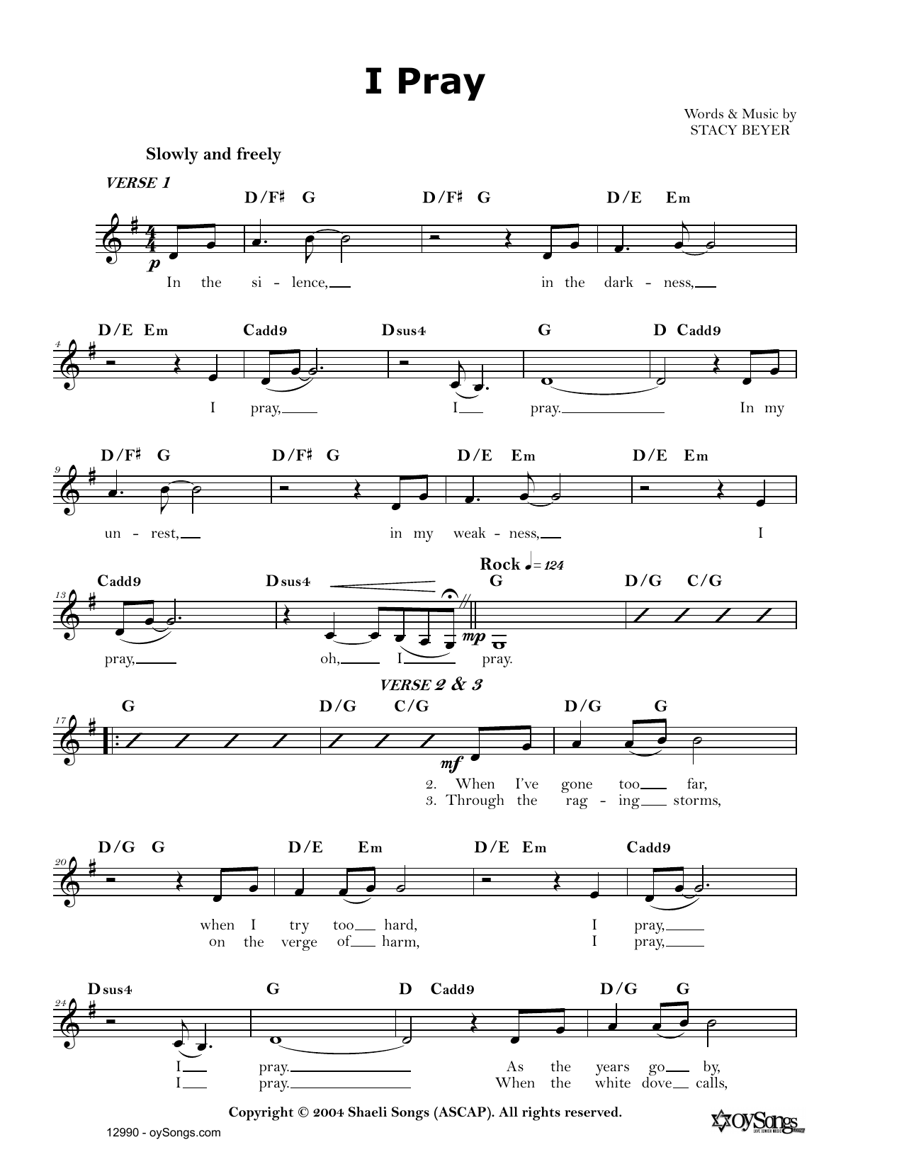 Download Stacy Beyer I Pray Sheet Music and learn how to play Real Book – Melody, Lyrics & Chords PDF digital score in minutes
