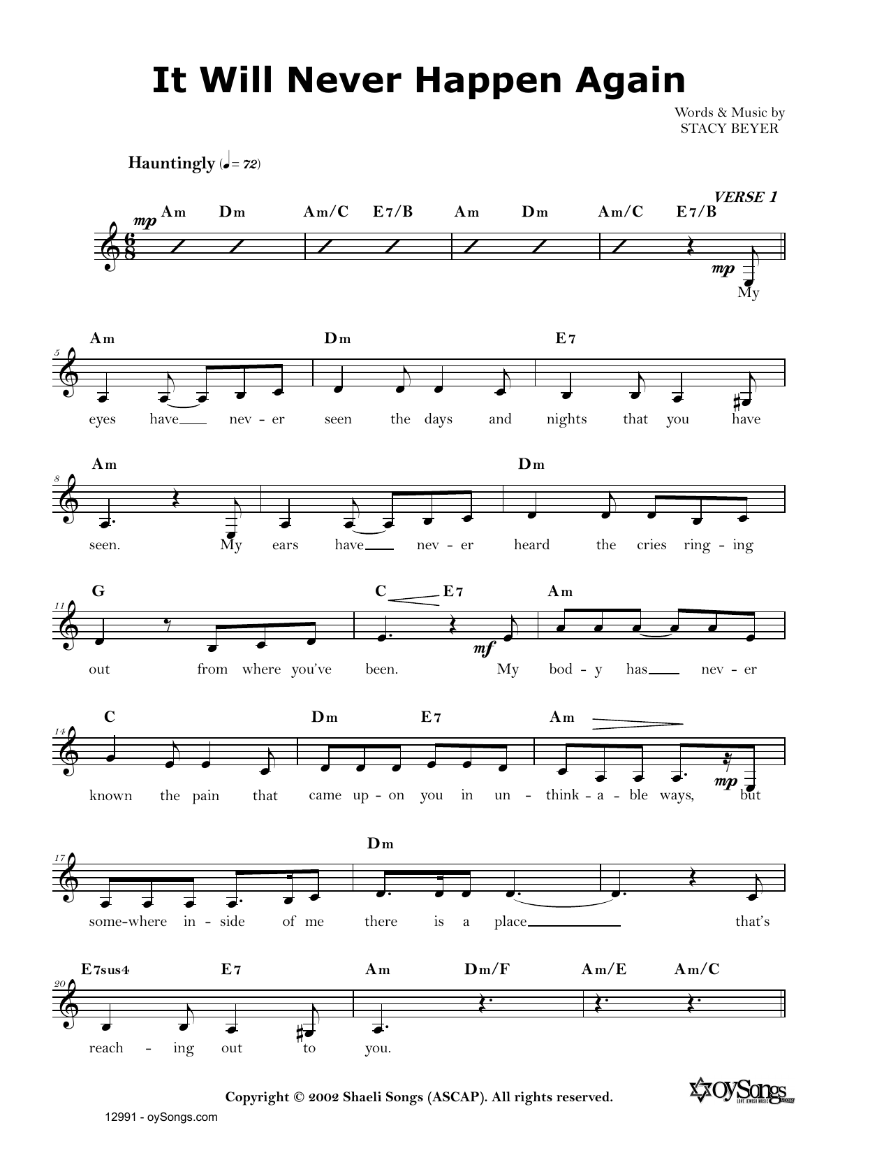 Download Stacy Beyer It Will Never Happen Again Sheet Music and learn how to play Real Book – Melody, Lyrics & Chords PDF digital score in minutes