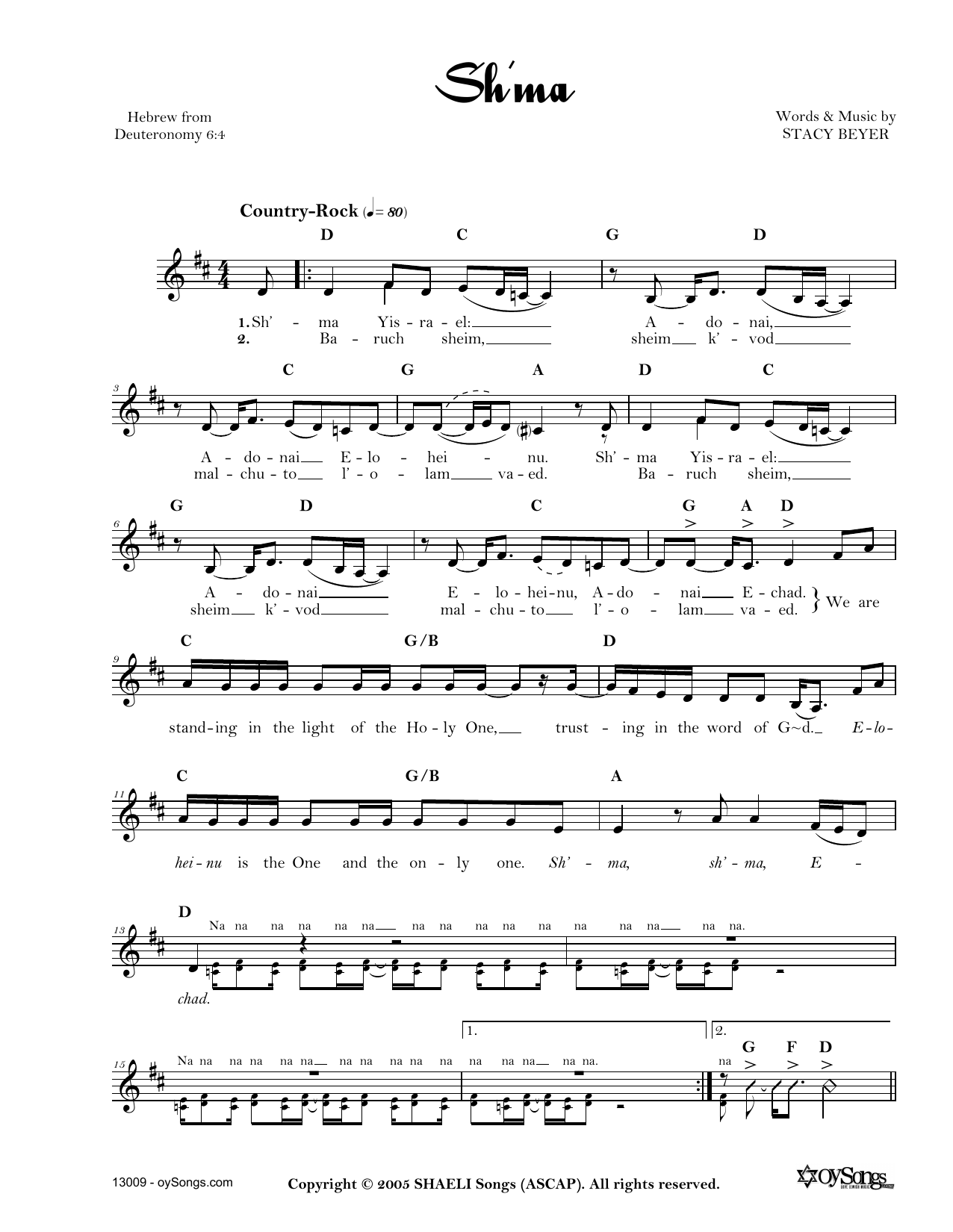 Download Stacy Beyer Sh'ma Sheet Music and learn how to play Real Book – Melody, Lyrics & Chords PDF digital score in minutes