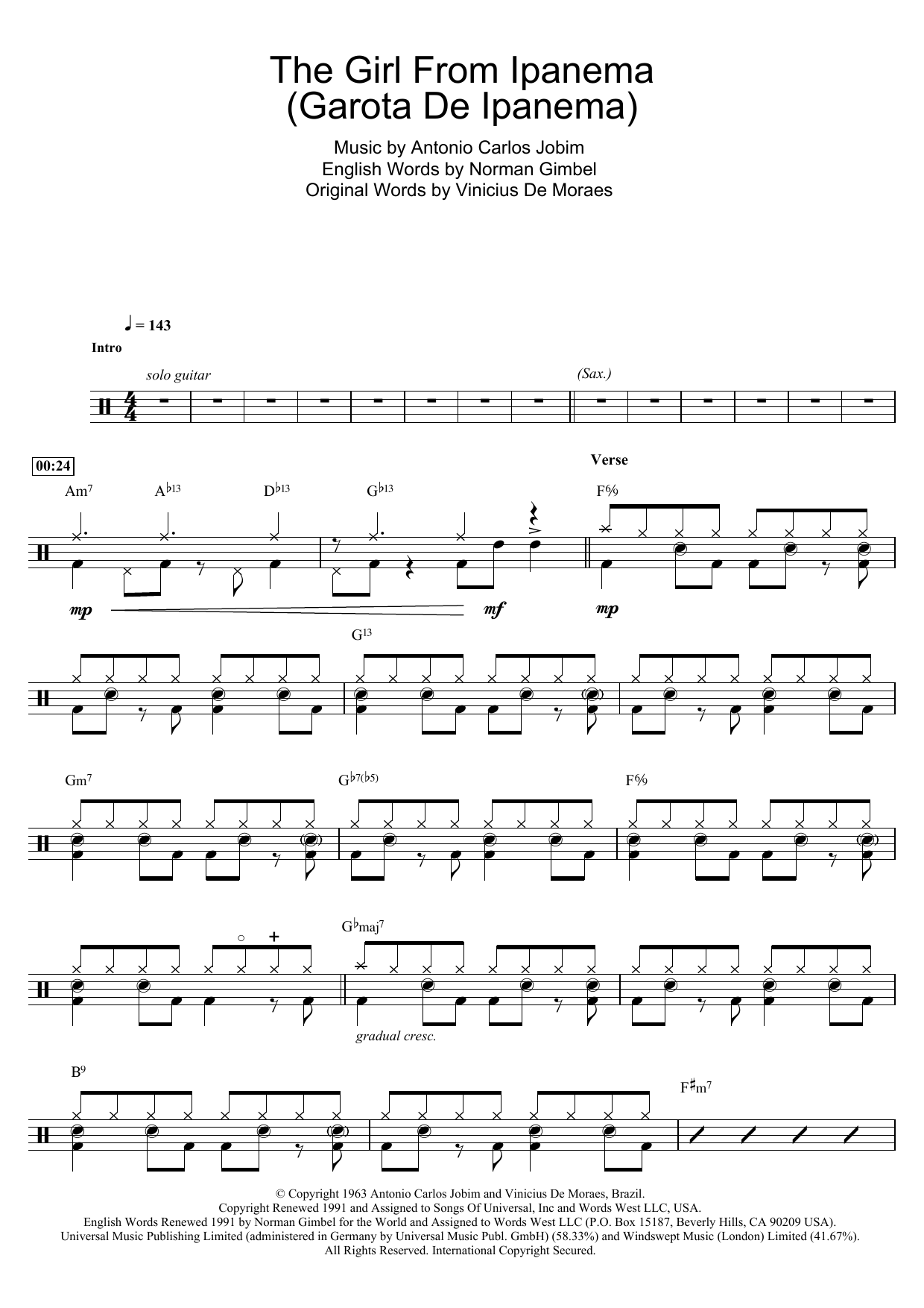 Download Antonio Carlos Jobim The Girl From Ipanema (Garota De Ipanema) Sheet Music and learn how to play Drums PDF digital score in minutes