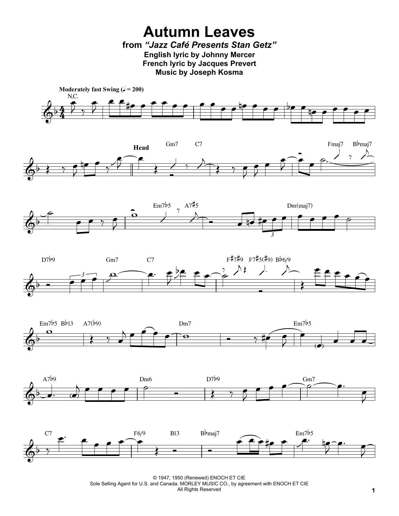 Download Stan Getz Autumn Leaves Sheet Music and learn how to play Alto Sax Transcription PDF digital score in minutes