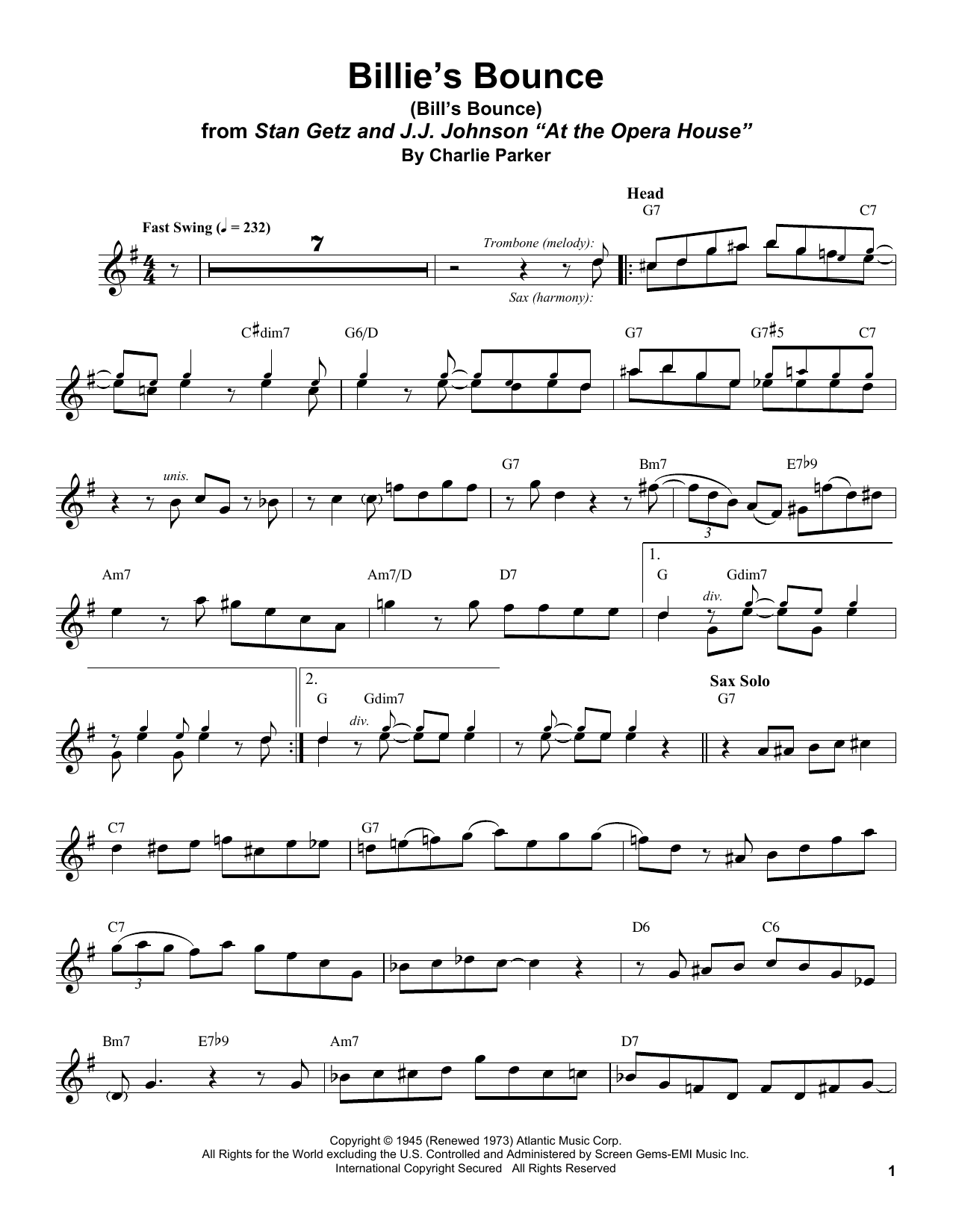 Download Stan Getz Billie's Bounce (Bill's Bounce) Sheet Music and learn how to play Tenor Sax Transcription PDF digital score in minutes