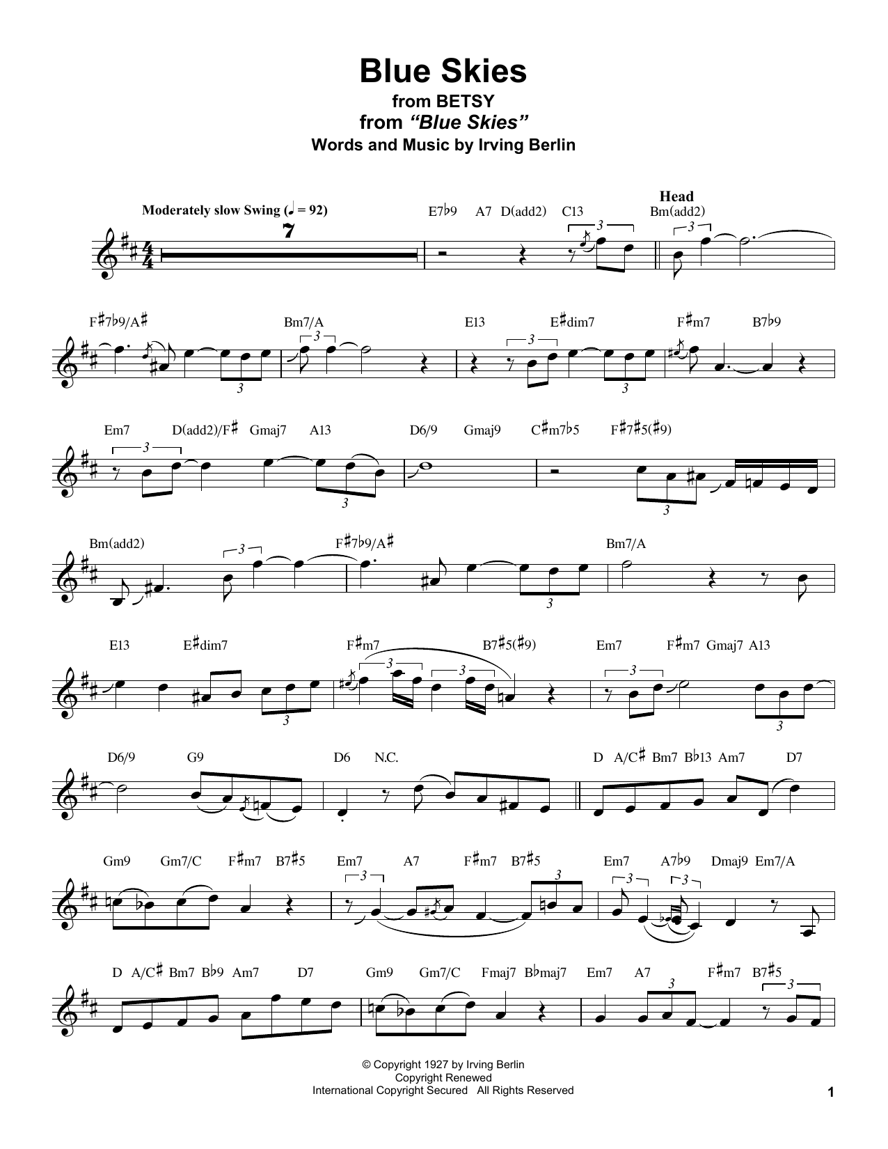 Download Stan Getz Blue Skies (from Betsy) Sheet Music and learn how to play Alto Sax Transcription PDF digital score in minutes
