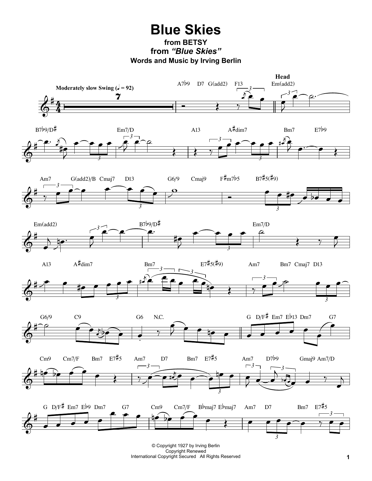 Download Stan Getz Blue Skies Sheet Music and learn how to play Tenor Sax Transcription PDF digital score in minutes