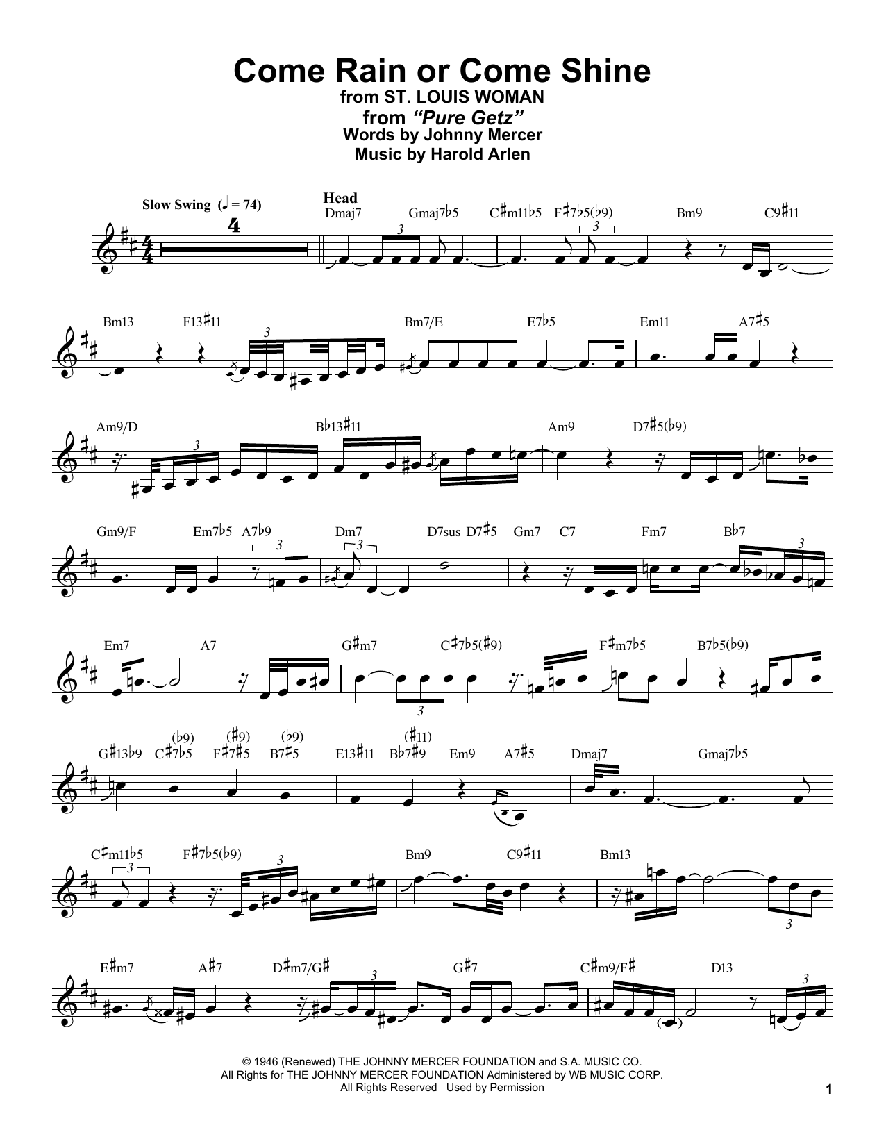 Download Stan Getz Come Rain Or Come Shine (from St. Louis Woman) Sheet Music and learn how to play Alto Sax Transcription PDF digital score in minutes