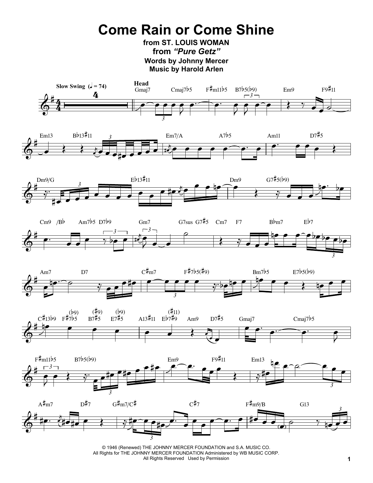Download Stan Getz Come Rain Or Come Shine Sheet Music and learn how to play Tenor Sax Transcription PDF digital score in minutes