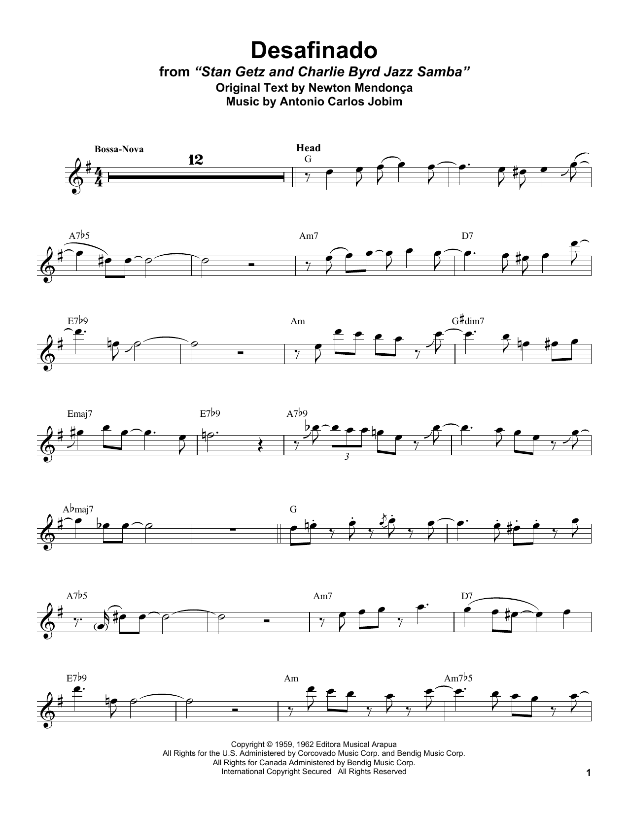 Download Stan Getz Desafinado Sheet Music and learn how to play Tenor Sax Transcription PDF digital score in minutes