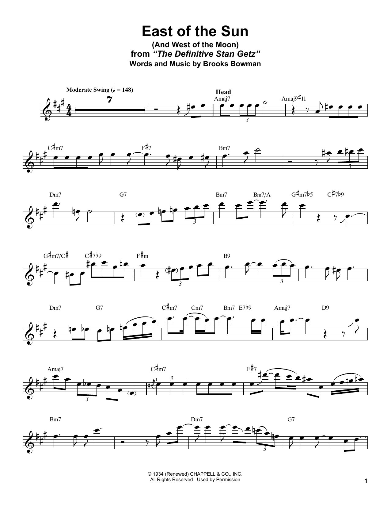 Download Stan Getz East Of The Sun (And West Of The Moon) Sheet Music and learn how to play Alto Sax Transcription PDF digital score in minutes