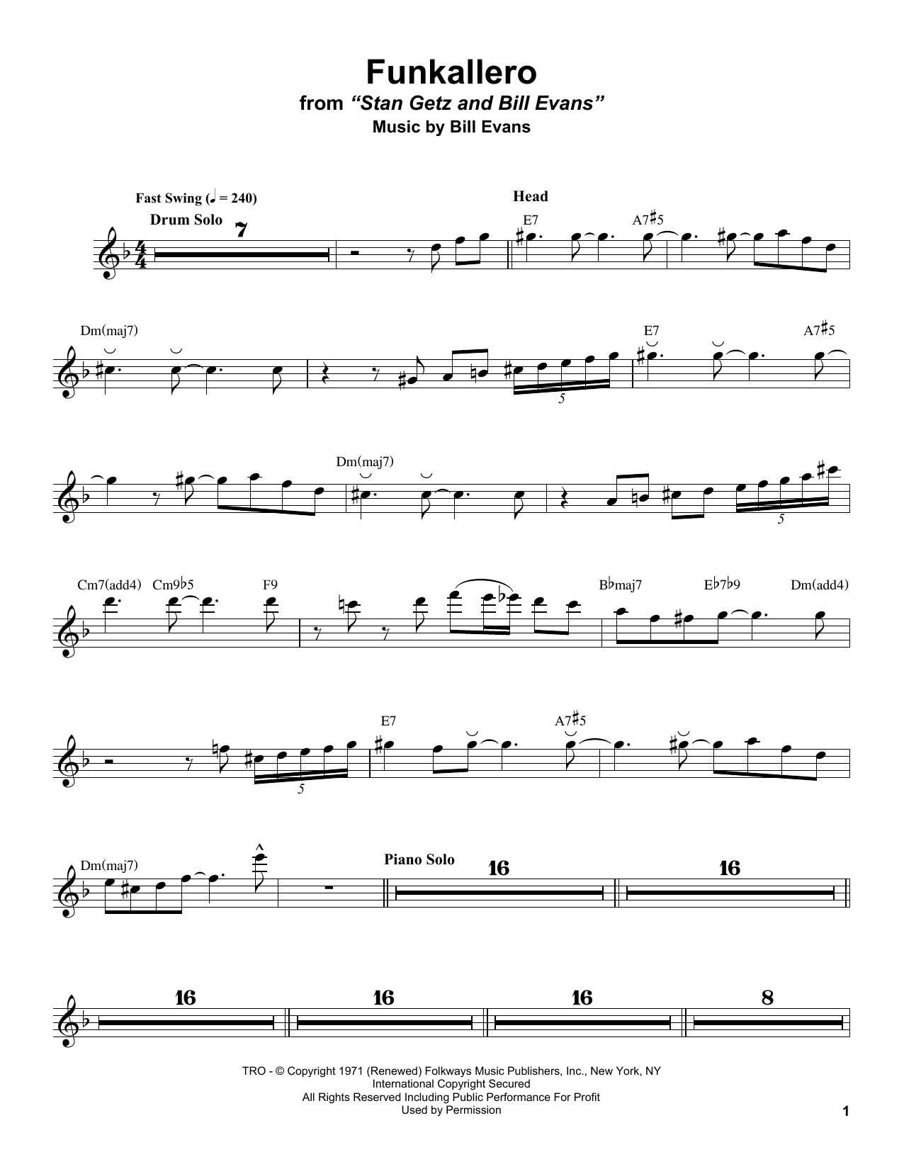 Download Stan Getz Funkallero Sheet Music and learn how to play Tenor Sax Transcription PDF digital score in minutes
