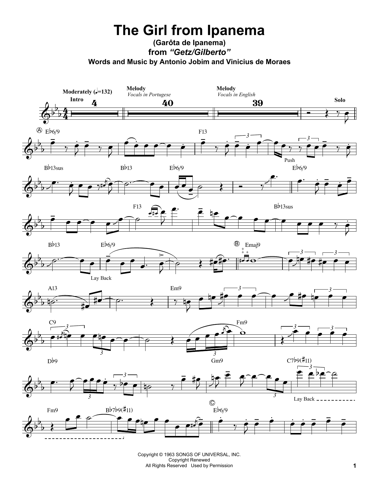 Download Stan Getz Garota De Ipanema Sheet Music and learn how to play Alto Sax Transcription PDF digital score in minutes