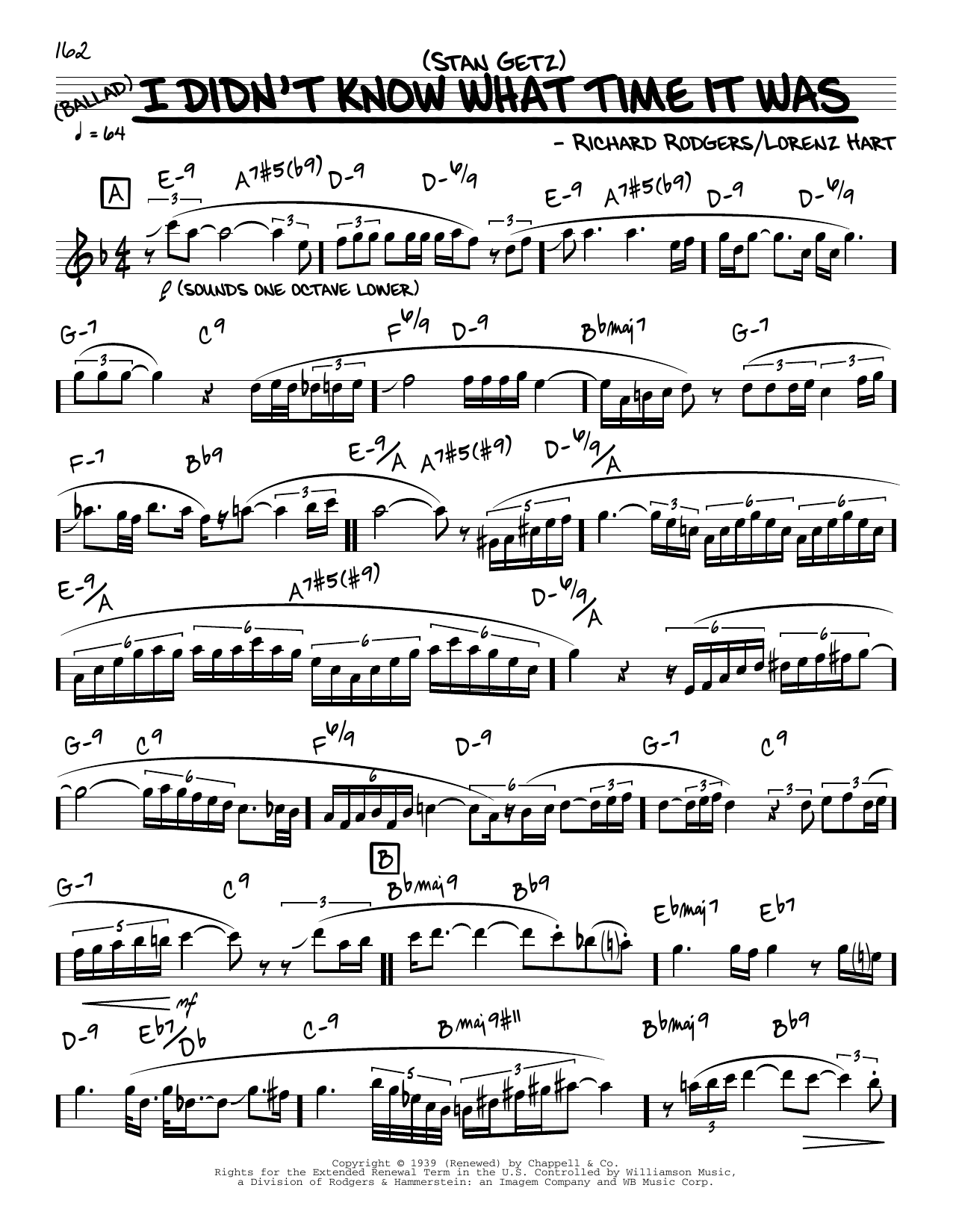 Download Stan Getz I Didn't Know What Time It Was (solo only) Sheet Music and learn how to play Real Book – Melody & Chords PDF digital score in minutes