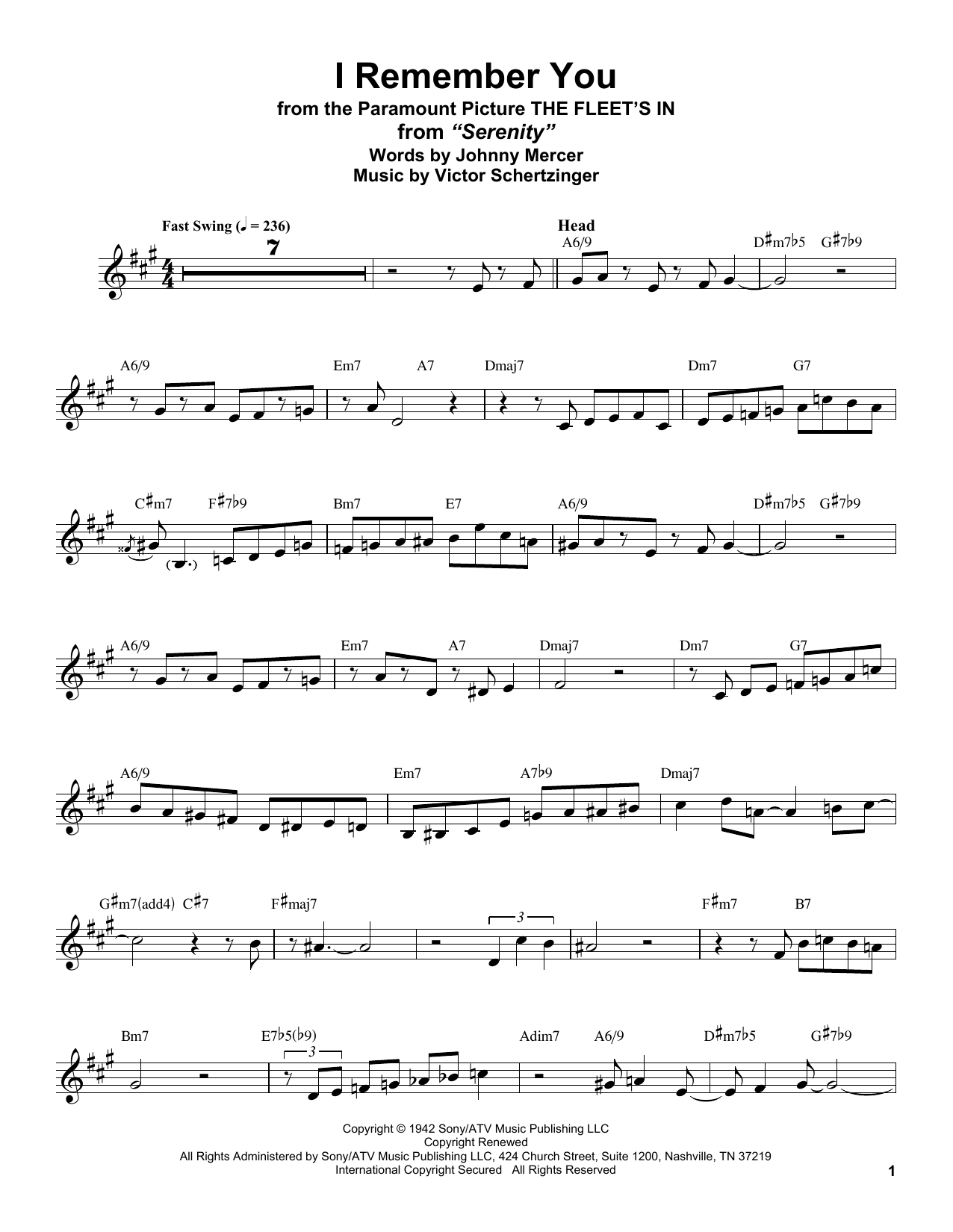 Download Stan Getz I Remember You (from The Fleet's In) Sheet Music and learn how to play Alto Sax Transcription PDF digital score in minutes