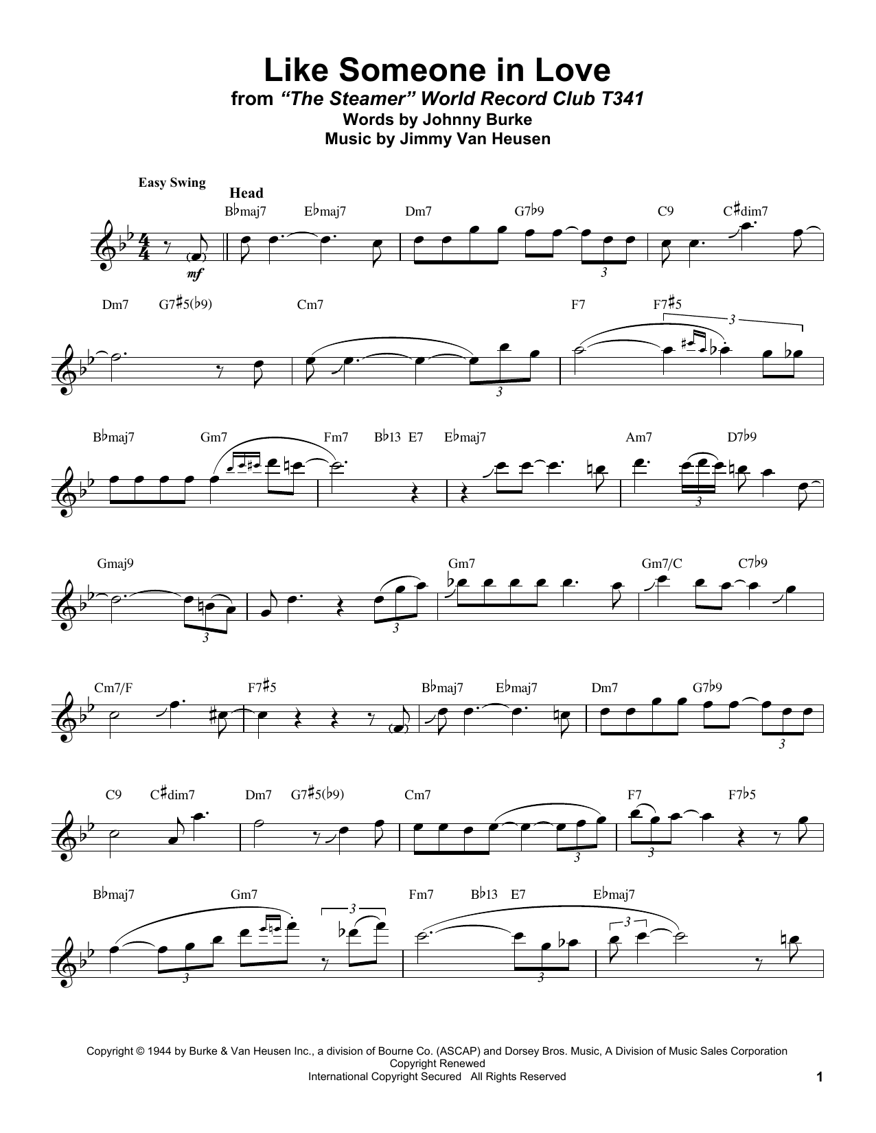 Download Stan Getz Like Someone In Love Sheet Music and learn how to play Tenor Sax Transcription PDF digital score in minutes