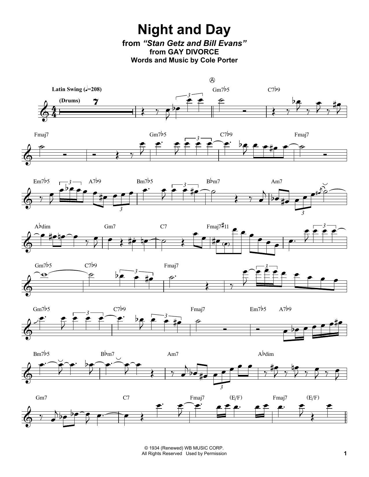 Download Stan Getz Night And Day Sheet Music and learn how to play Tenor Sax Transcription PDF digital score in minutes