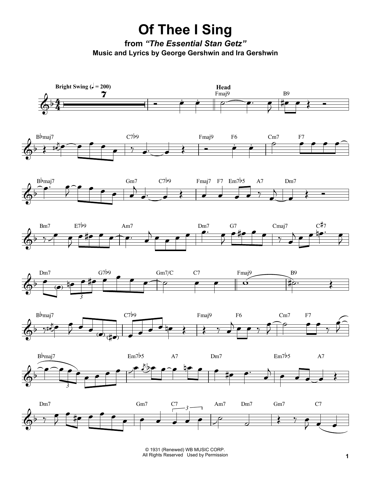 Download Stan Getz Of Thee I Sing Sheet Music and learn how to play Tenor Sax Transcription PDF digital score in minutes