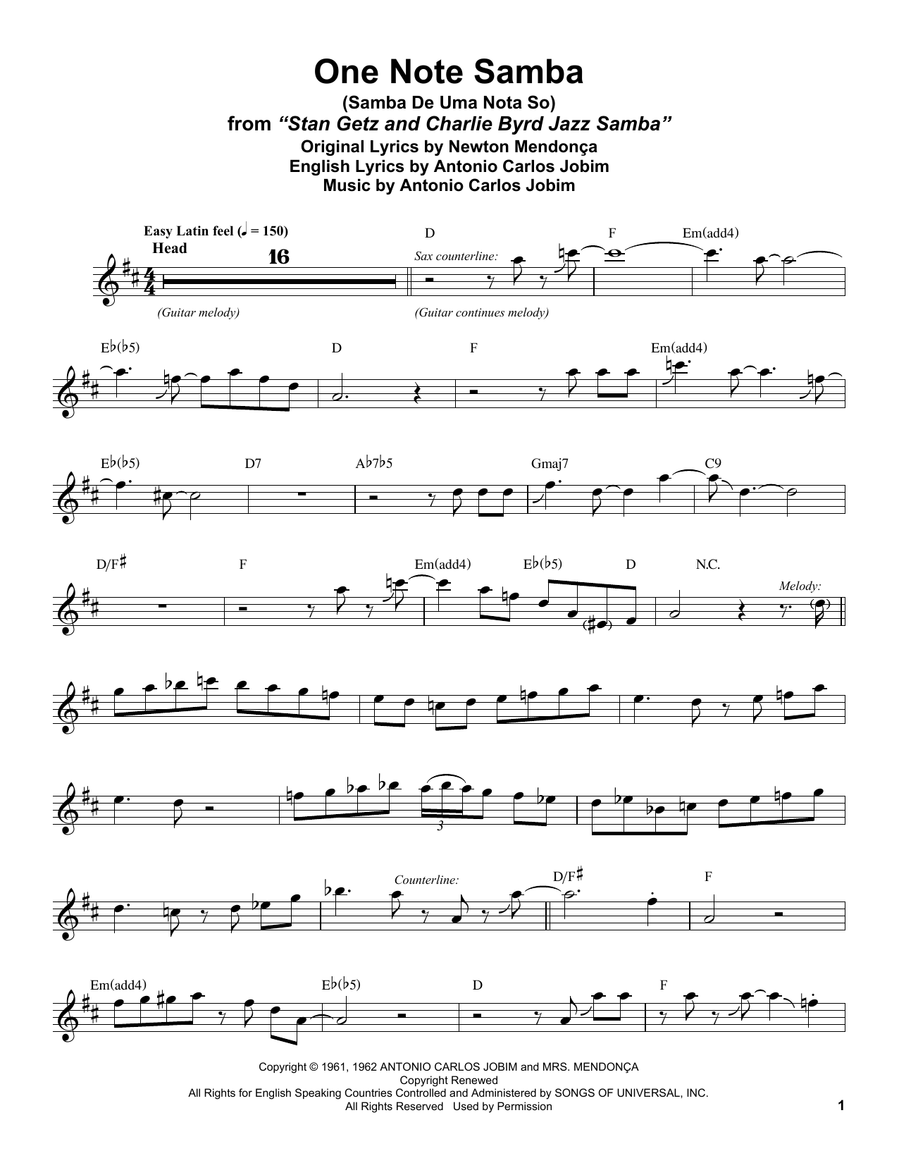 Download Stan Getz One Note Samba (Samba De Uma Nota So) Sheet Music and learn how to play Tenor Sax Transcription PDF digital score in minutes
