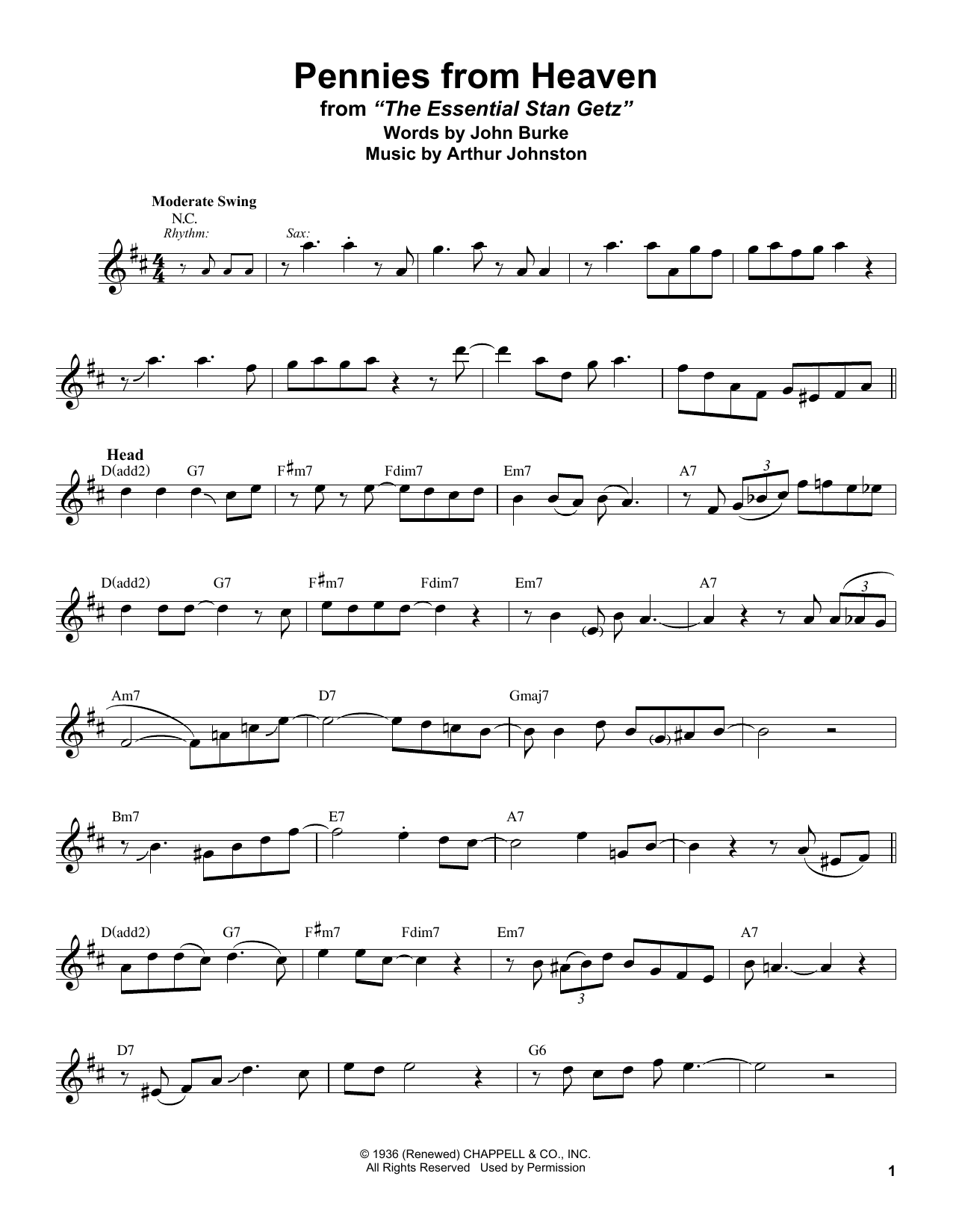 Download Stan Getz Pennies From Heaven Sheet Music and learn how to play Alto Sax Transcription PDF digital score in minutes