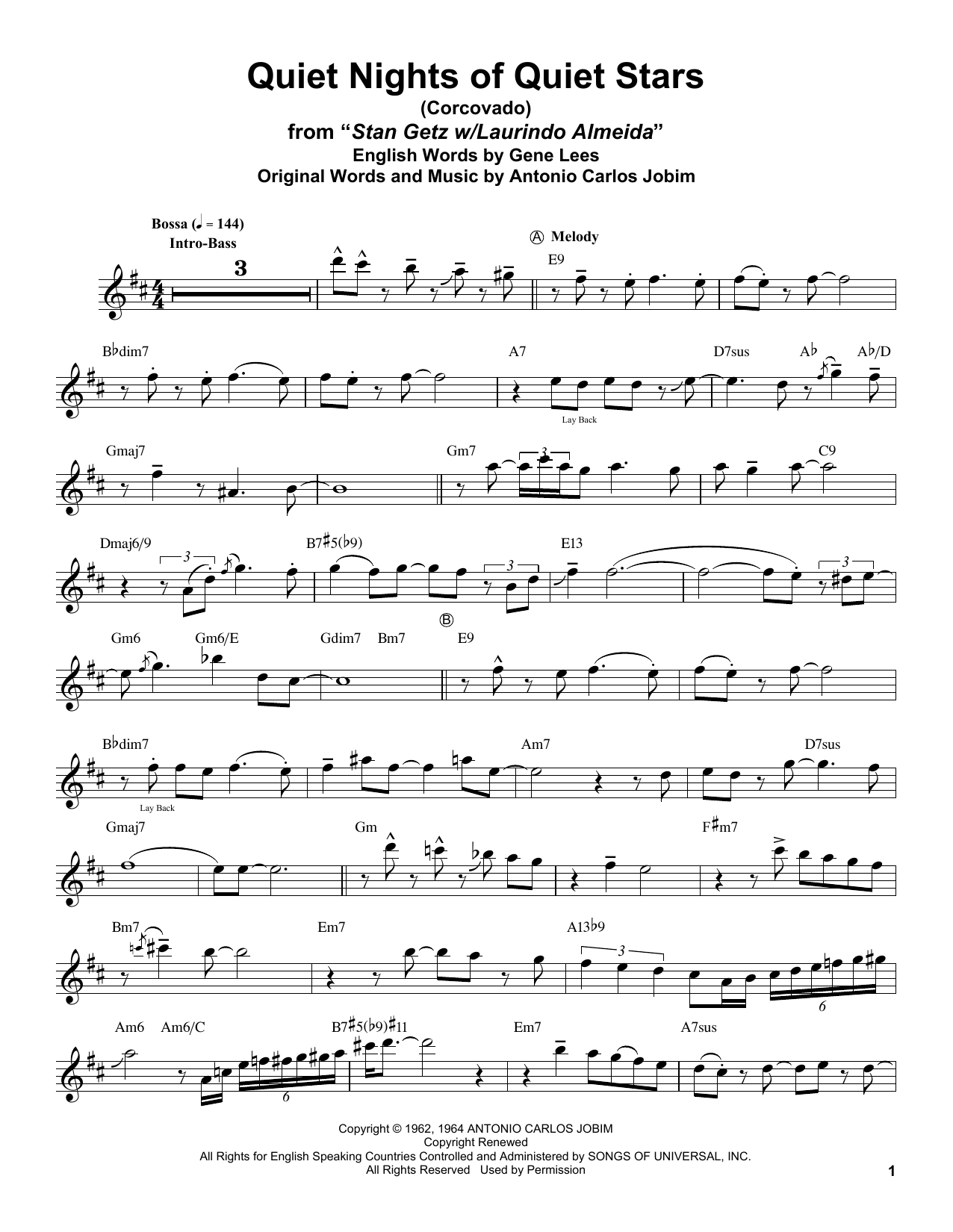 Download Stan Getz Quiet Nights Of Quiet Stars (Corcovado) Sheet Music and learn how to play Tenor Sax Transcription PDF digital score in minutes