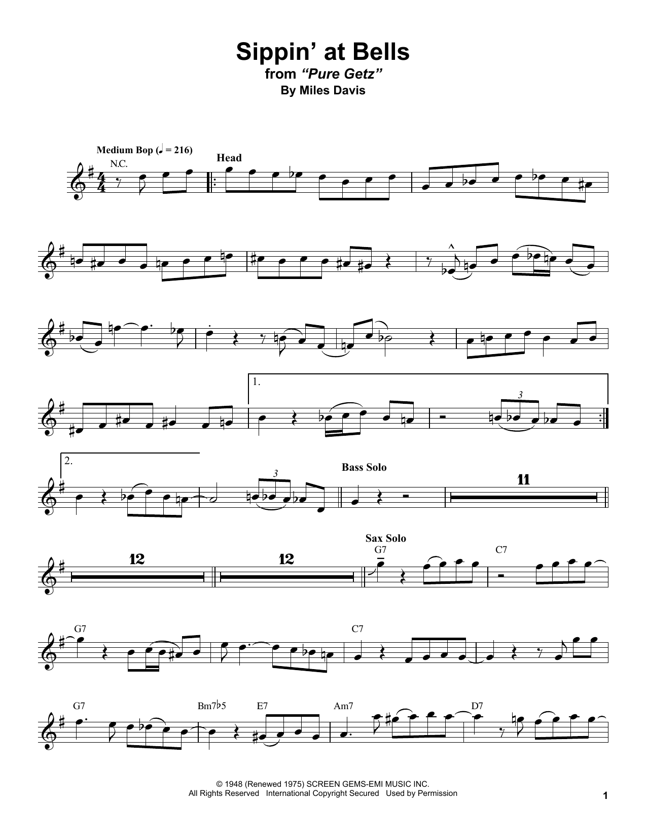 Download Stan Getz Sippin' At Bells Sheet Music and learn how to play Tenor Sax Transcription PDF digital score in minutes