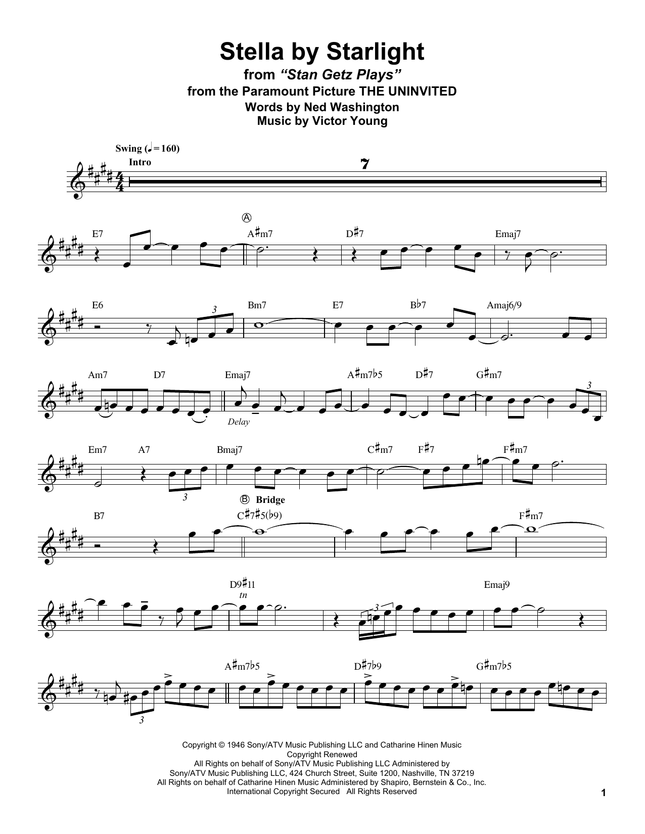 Download Stan Getz Stella By Starlight (from The Uninvited) Sheet Music and learn how to play Alto Sax Transcription PDF digital score in minutes