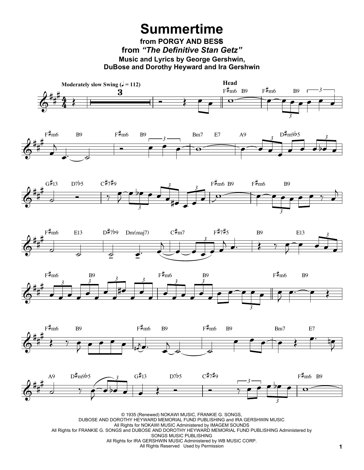 Download Stan Getz Summertime (from Porgy and Bess) Sheet Music and learn how to play Alto Sax Transcription PDF digital score in minutes