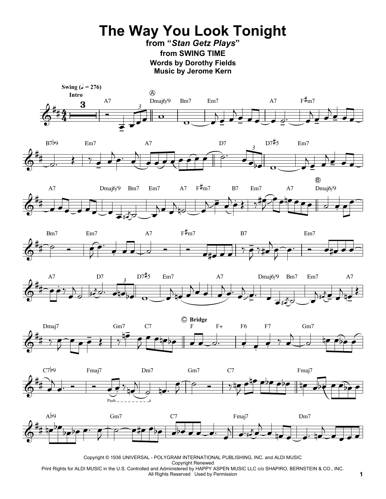 Download Stan Getz The Way You Look Tonight (from Swing Time) Sheet Music and learn how to play Alto Sax Transcription PDF digital score in minutes