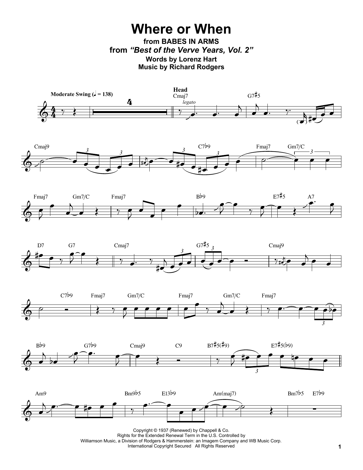 Download Stan Getz Where Or When (from Babes In Arms) Sheet Music and learn how to play Alto Sax Transcription PDF digital score in minutes