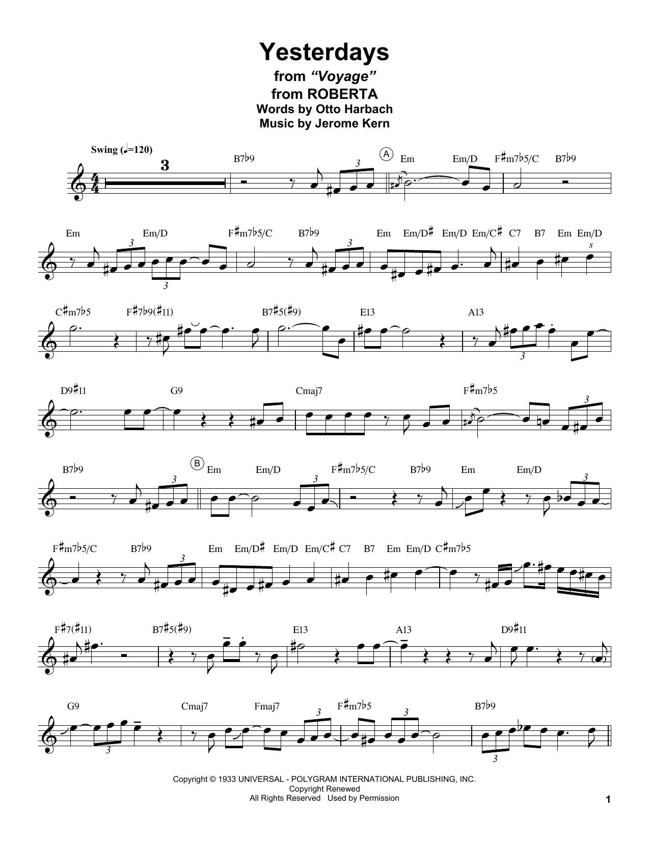 Download Stan Getz Yesterdays (from Roberta) Sheet Music and learn how to play Tenor Sax Transcription PDF digital score in minutes