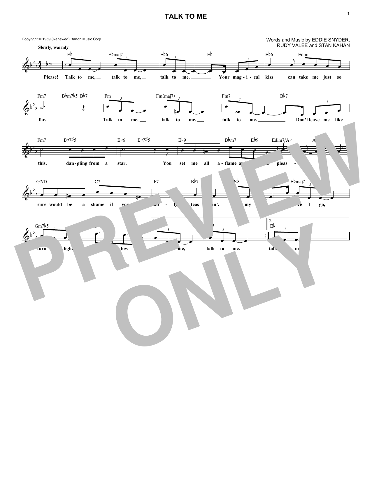 Download Stan Kahan Talk To Me Sheet Music and learn how to play Melody Line, Lyrics & Chords PDF digital score in minutes