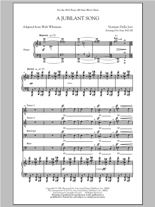 Download Norman Dello Joio A Jubilant Song (arr. Stan McGill) Sheet Music and learn how to play TTBB PDF digital score in minutes