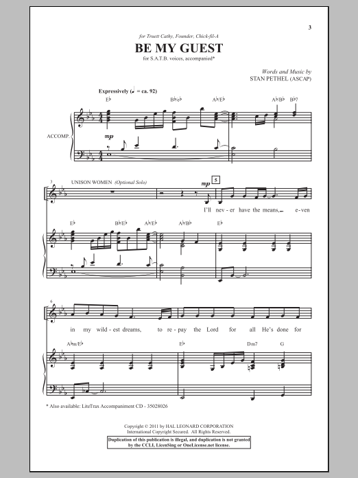 Download Stan Pethel Be My Guest Sheet Music and learn how to play SATB PDF digital score in minutes