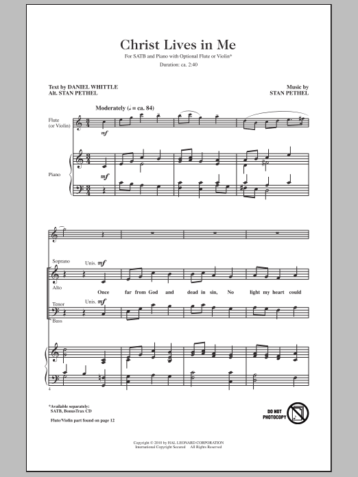 Download Stan Pethel Christ Lives In Me Sheet Music and learn how to play SATB Choir PDF digital score in minutes